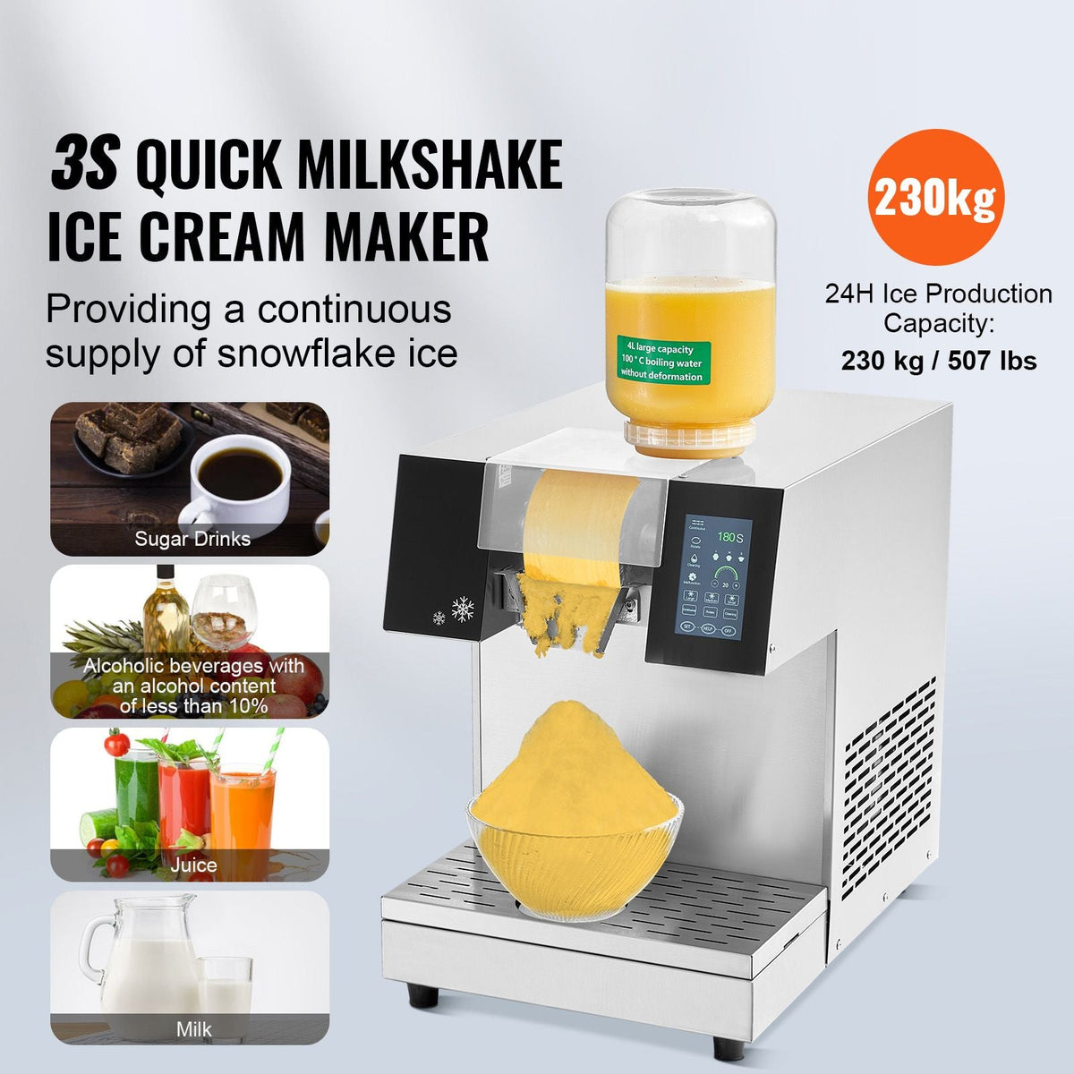 Commercial Snowflake Ice Machine, 507LBS/24H Snowflake Ice Maker, Stainless Steel Ice Shaver Machine, Electric Snow Cone Maker, Air Cooling System for Rapid Heat Dissipation, for Bakery, Cafe