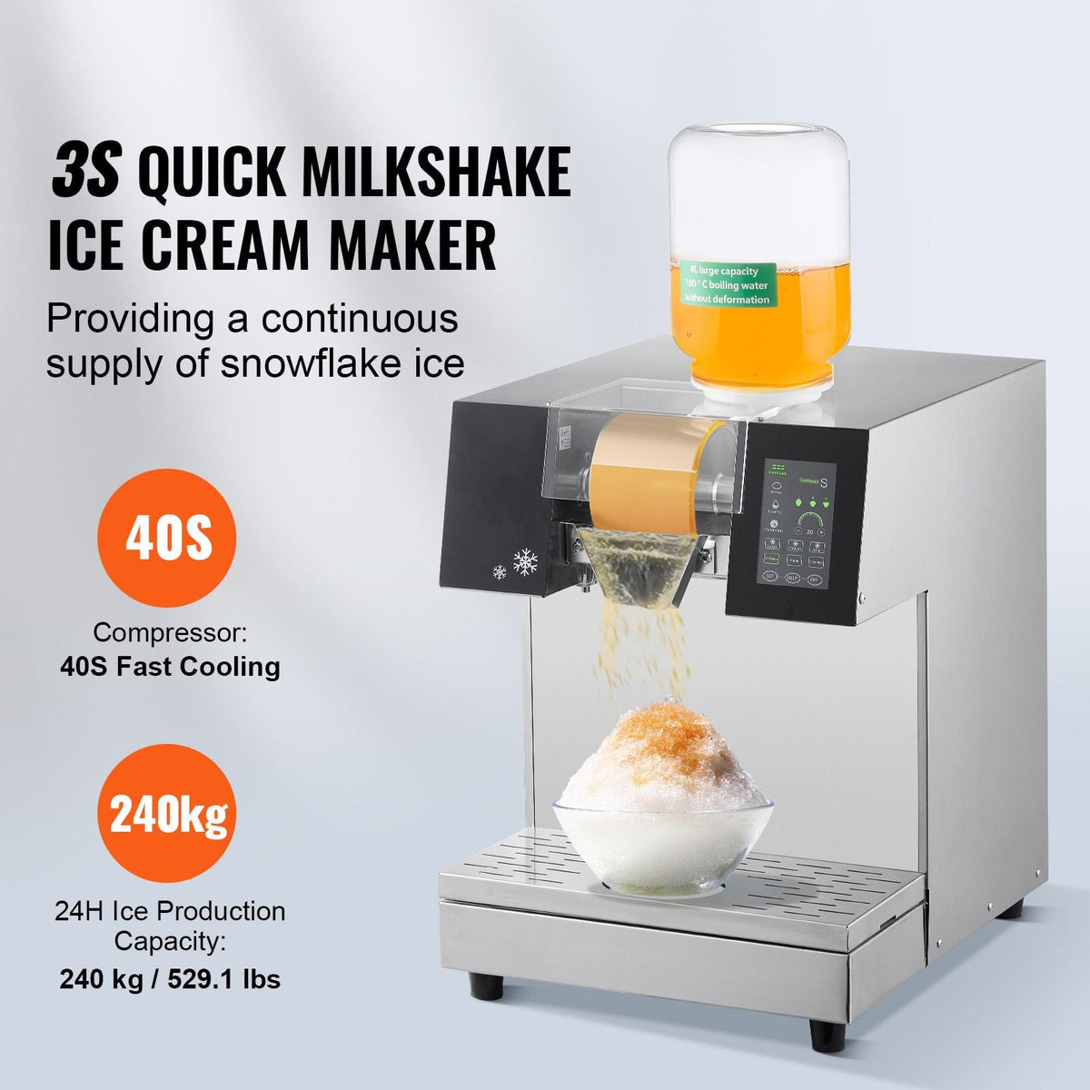 Commercial Snowflake Ice Machine, 529.1LBS/24H Snowflake Ice Maker, Stainless Steel Ice Shaver Machine, Electric Snow Cone Maker, Liquid Cooling System for Rapid Heat Dissipation, Ice Cream