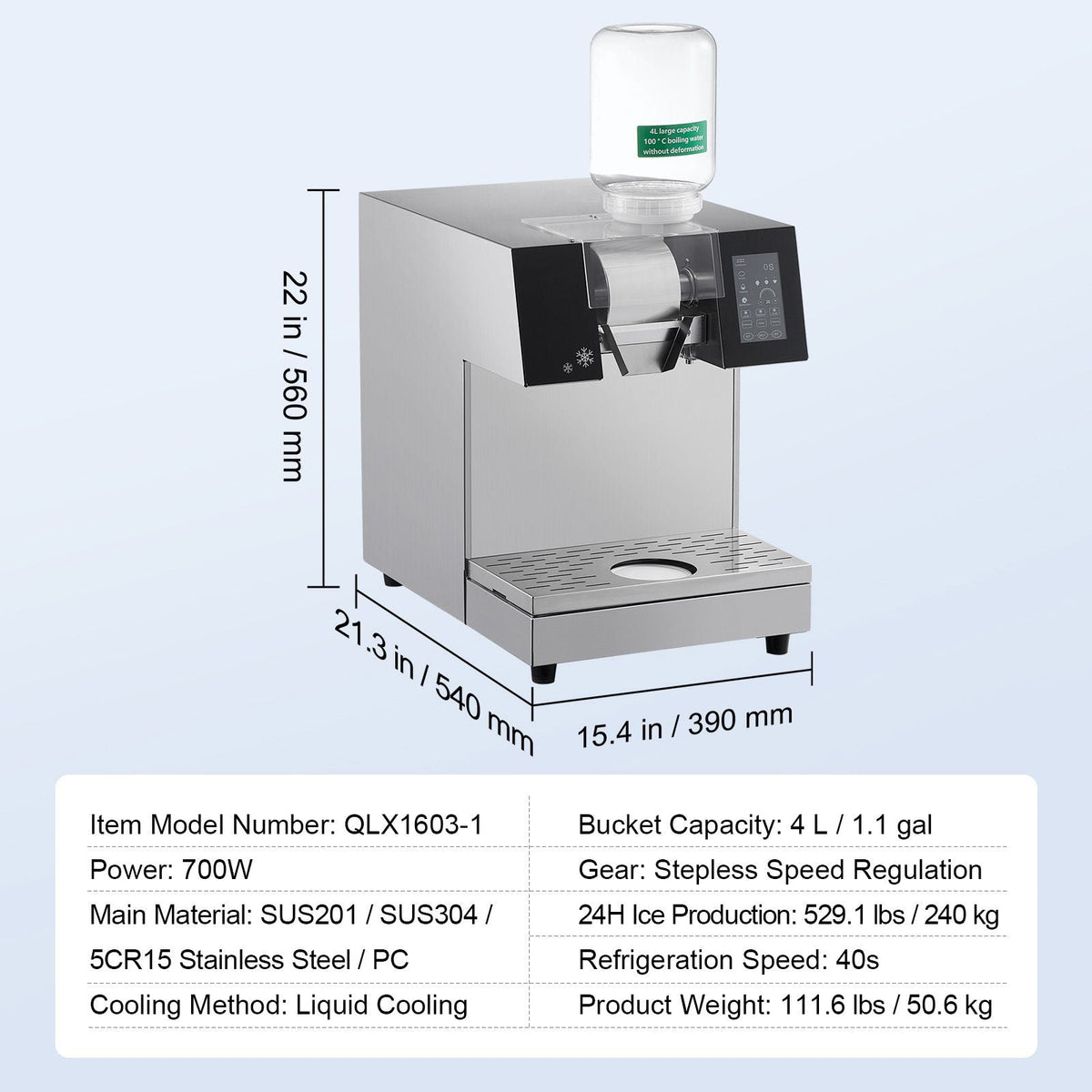 Commercial Snowflake Ice Machine, 529.1LBS/24H Snowflake Ice Maker, Stainless Steel Ice Shaver Machine, Electric Snow Cone Maker, Liquid Cooling System for Rapid Heat Dissipation, Ice Cream
