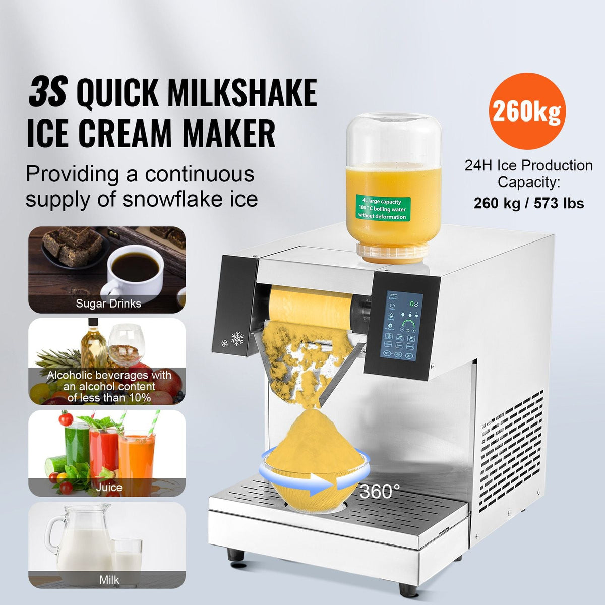 Commercial Snowflake Ice Machine, 573LBS/24H Snowflake Ice Maker, Stainless Steel Ice Shaver Machine, Electric Snow Cone Maker, Air Cooling System for Rapid Heat Dissipation, for Bakery, Cafe
