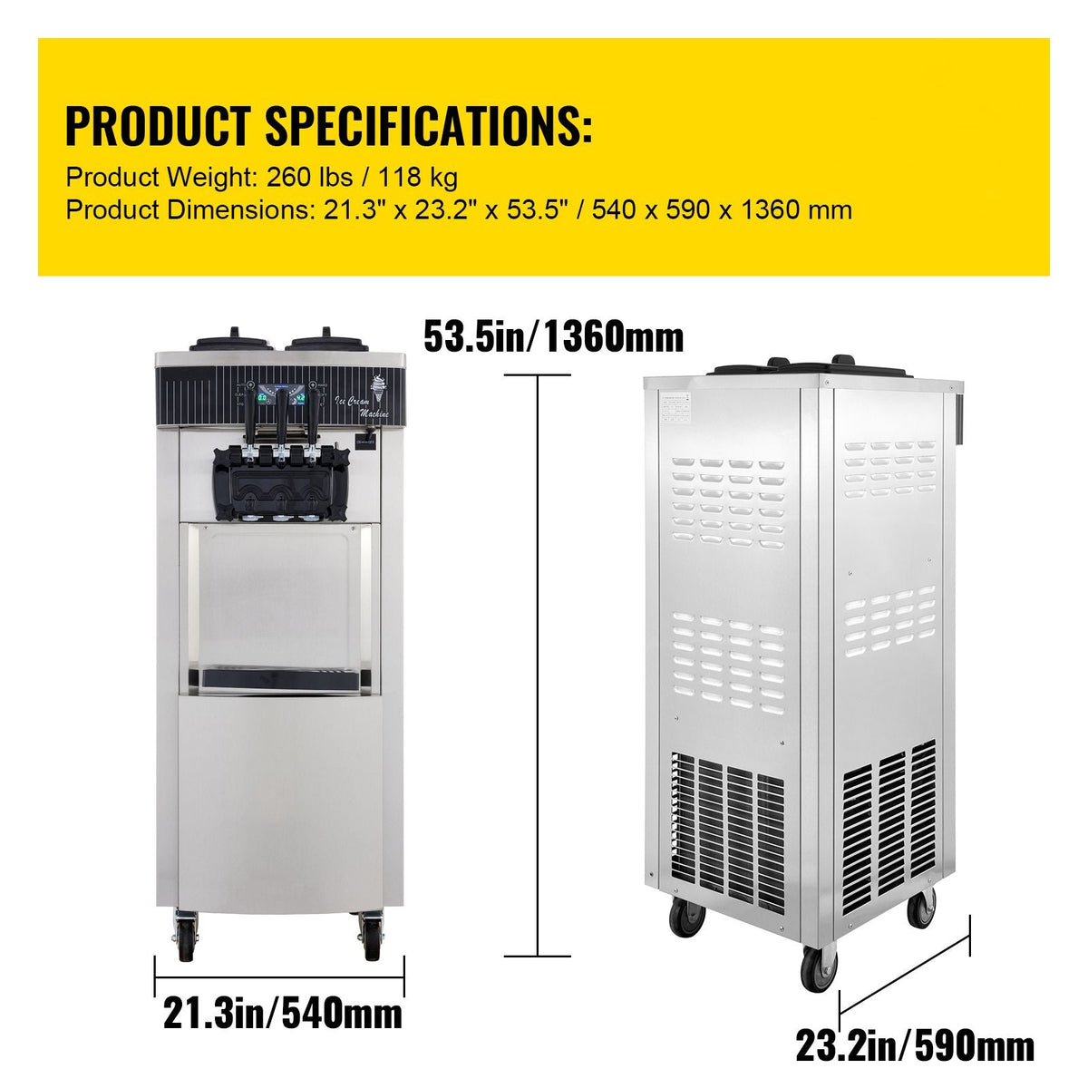 Commercial Soft Ice Cream Machine, 2200W Serve Yogurt Maker, 3 Flavors Ice Cream Maker, 5.3 to 7.4 Gallons per Hour Auto Clean LCD Panel for Restaurants Snack Bars, Stainless Steel