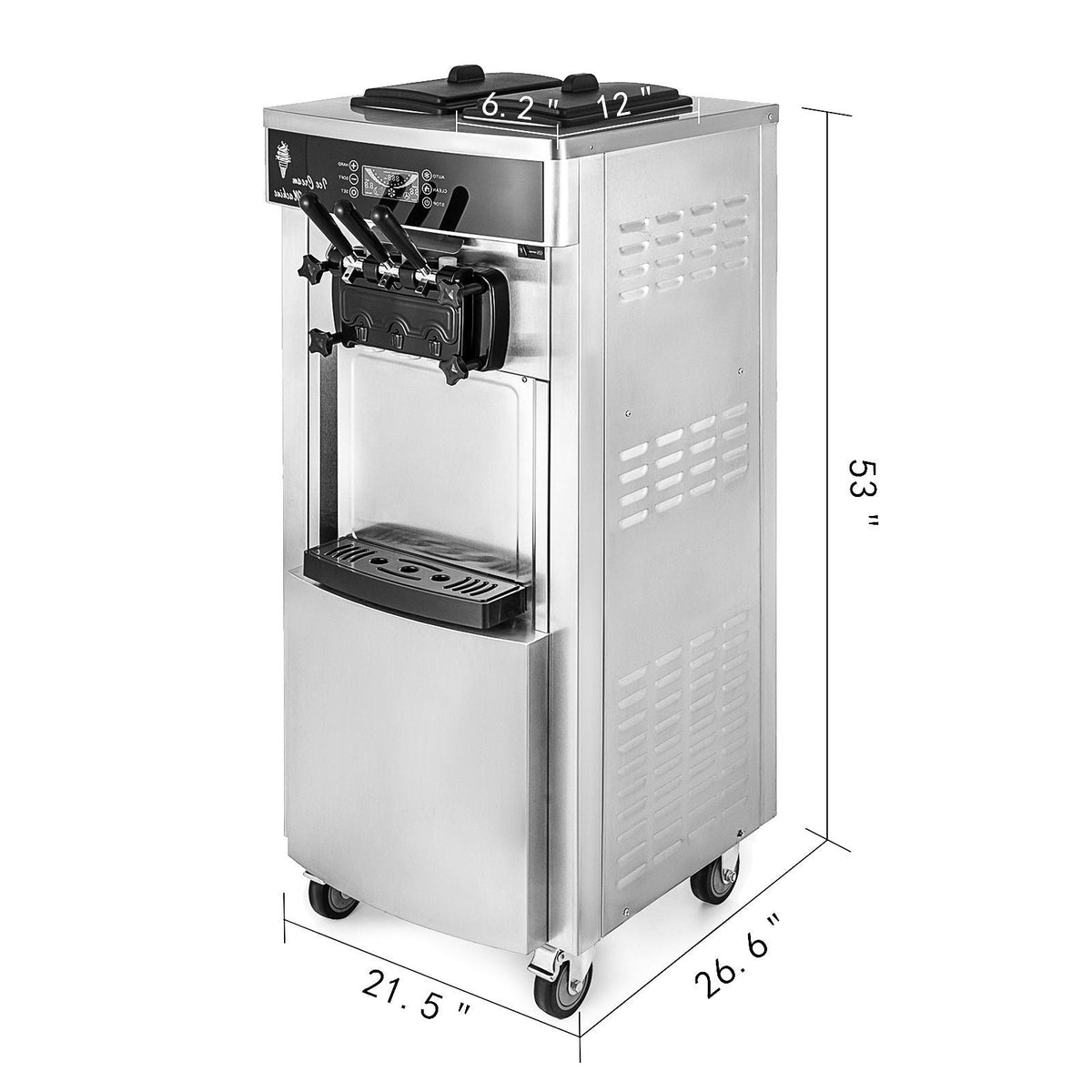 Commercial Soft Ice Cream Machine, 2200W Serve Yogurt Maker, 3 Flavors Ice Cream Maker, 5.3 to 7.4 Gallons per Hour Auto Clean LCD Panel for Restaurants Snack Bars, Stainless Steel