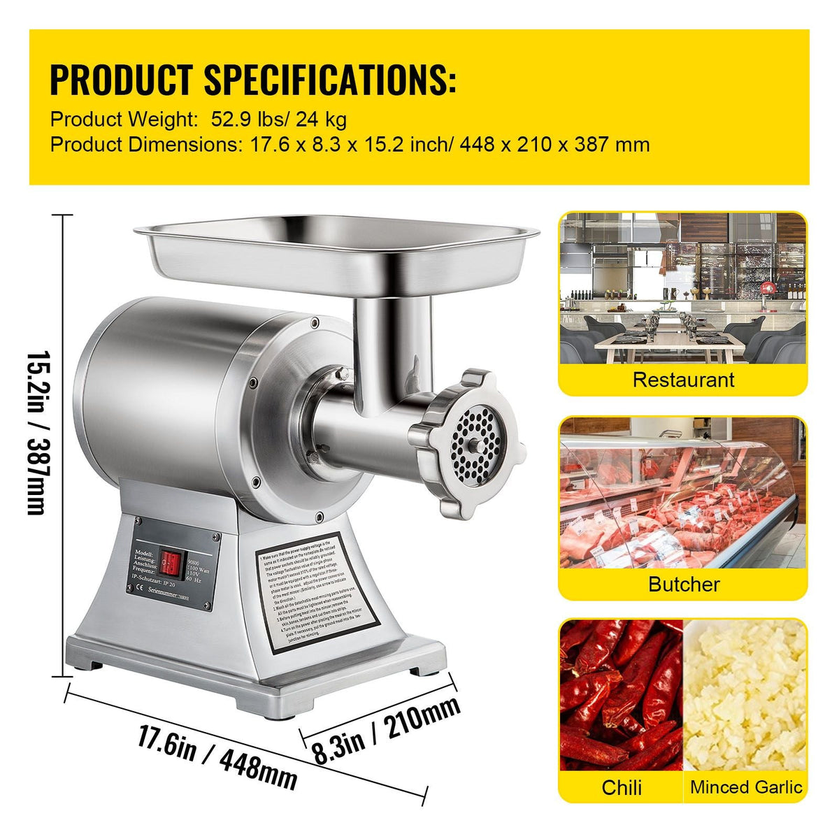 Commercial Stainless Steel 450lbs Meat Grinder Blade Plate Sausage Stuffer FDA