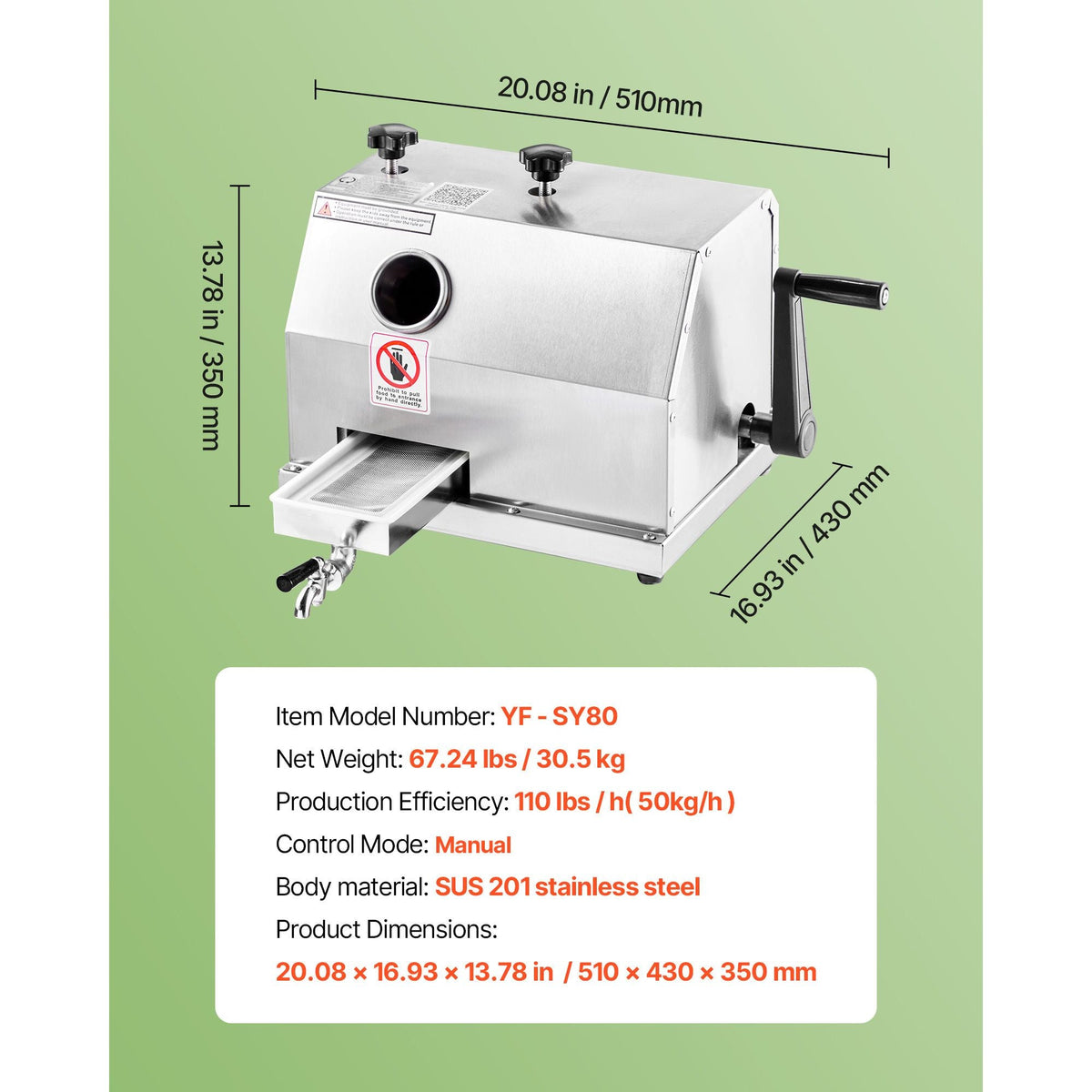 Commercial Sugar Cane Juicer, 110LBS/H High Output Sugarcane Juicer Machine with 3 Stainless Steel Rollers, 2.4" Large Inlet, Manual Sugar Cane Press Juice Extractor Squeezer for Home/Commercial