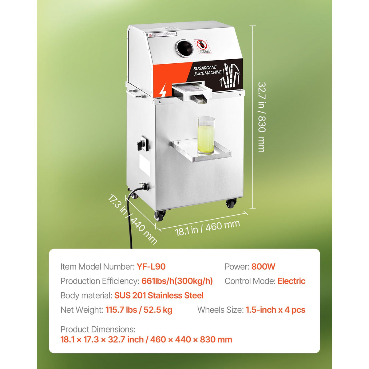 Commercial Sugar Cane Juicer, 800W Electric Sugarcane Juicer Machine with 661LBS/H High Output, 3 Stainless Steel Rollers, Sugar Cane Press Juice Extractor Squeezer on Wheels for Home/Commercial