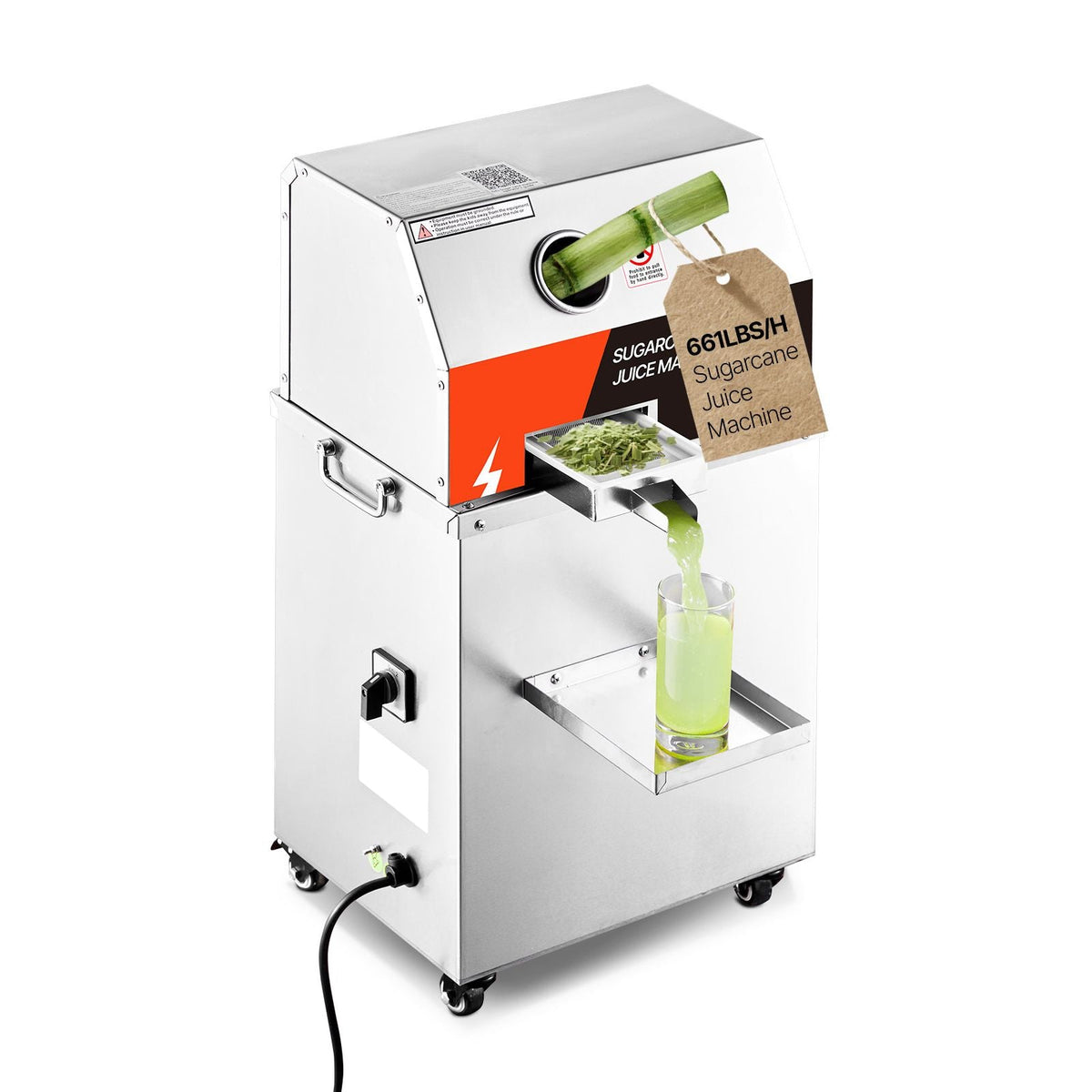 Commercial Sugar Cane Juicer, 800W Electric Sugarcane Juicer Machine with 661LBS/H High Output, 3 Stainless Steel Rollers, Sugar Cane Press Juice Extractor Squeezer on Wheels for Home/Commercial