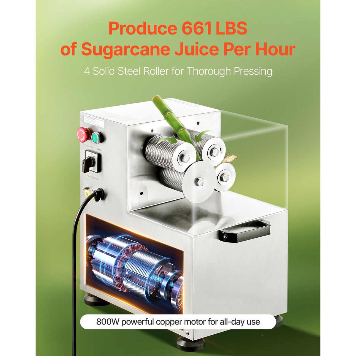 Commercial Sugar Cane Juicer, 800W Electric Sugarcane Juicer Machine with 661LBS/H High Output, 4 Stainless Steel Rollers, Sugar Cane Press Juice Extractor Squeezer for Home/Commercial Use