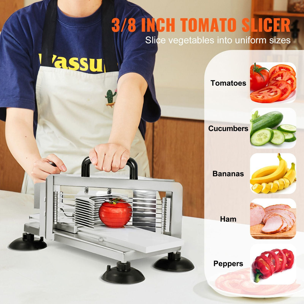 Commercial Tomato Slicer, 3/8 inch Tomato Cutter Slicer, Stainless Steel Heavy Duty Tomato Slicer Machine, Manual Tomato Slicer with Non-slip Feet, for Cutting Tomatoes, Cucumbers, Bananas