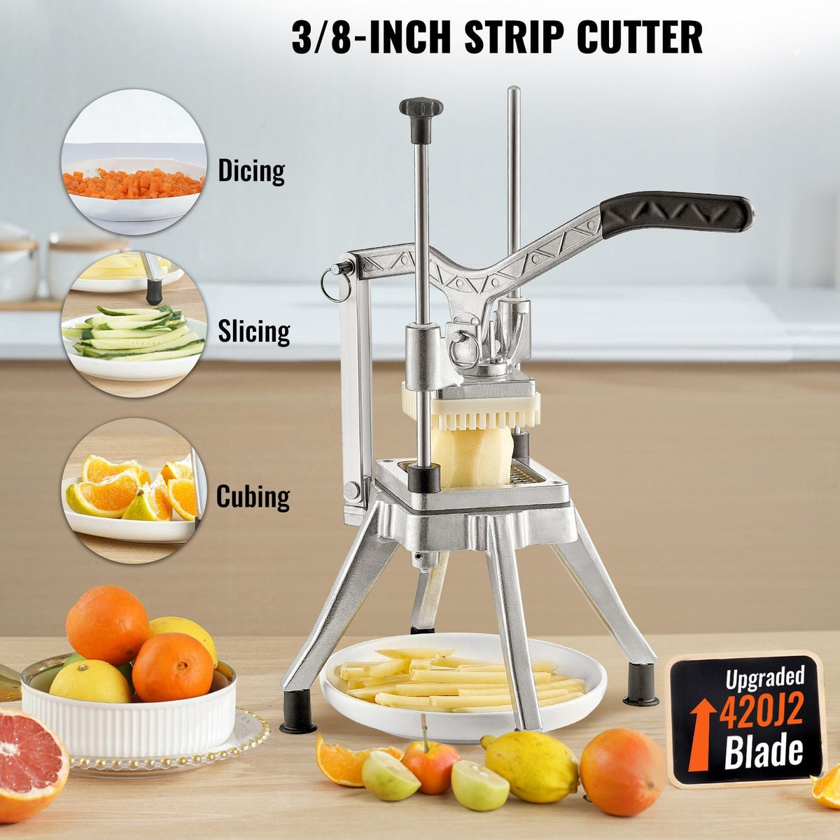 Commercial Vegetable Fruit Chopper 3/8″ Blade Heavy Duty Professional Food Dicer Kattex French Fry Cutter Onion Slicer Stainless Steel for Tomato Peppers Potato Mushroom, Sliver