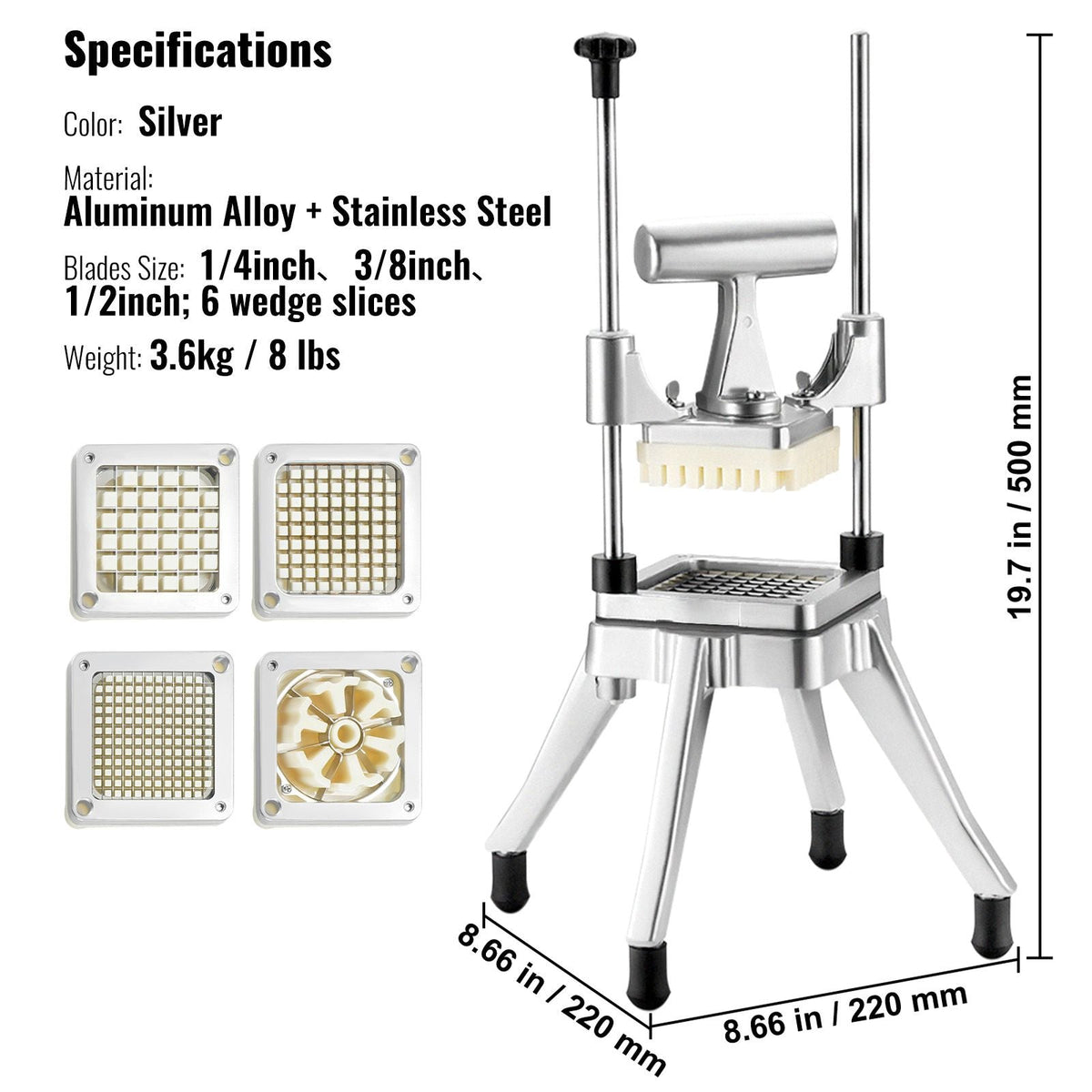Commercial Vegetable Fruit Chopper, Stainless Steel French Fry Cutter with 4 Blades 1/4" 3/8" 1/2", 6-wedge Slicer, Chopper Dicer with Tray, Heavy Duty Cutter for Potato Tomato Onion Mushroom
