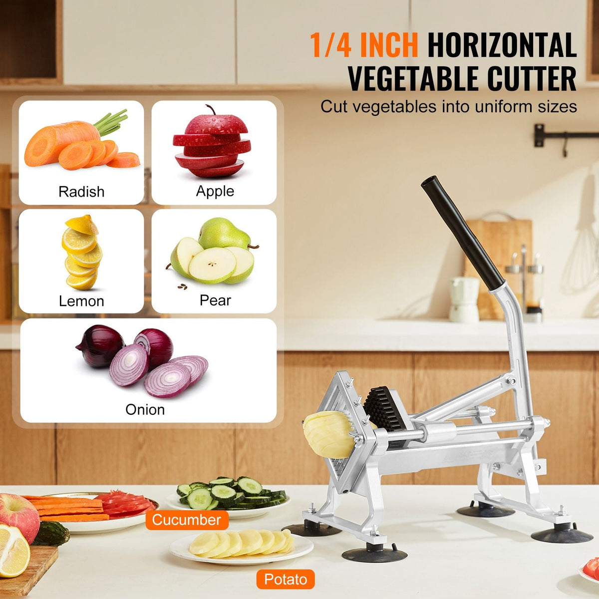 Commercial Vegetable Slicer, 1/4 inch Fruit Slicer, Stainless Steel and Aluminum Alloy Vegetable Cutter Slicer Machine, Manual Slicer with Non-slip Feet, for Radishes, Onions, Potatoes, Lemons