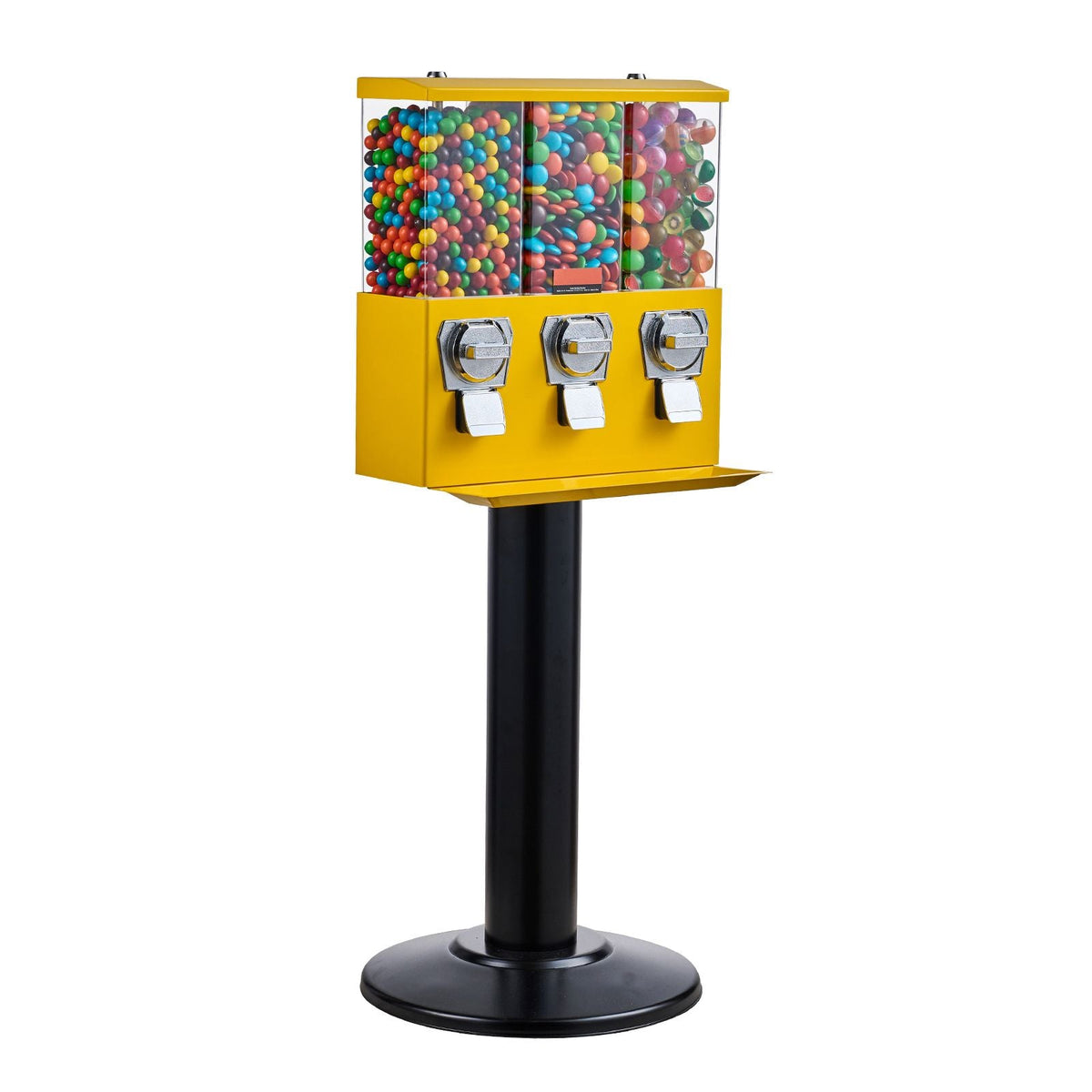 Commercial Vending Machine, Triple Compartment Candy Dispenser with Iron Stand, Gumball and Candy Machine for Business, Coin Operated Gumball Bank for Toy Capsules Bouncy Balls Candy Nut, Yellow