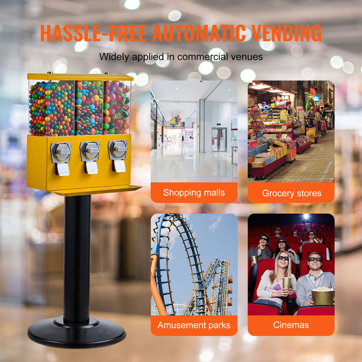 Commercial Vending Machine, Triple Compartment Candy Dispenser with Iron Stand, Gumball and Candy Machine for Business, Coin Operated Gumball Bank for Toy Capsules Bouncy Balls Candy Nut, Yellow