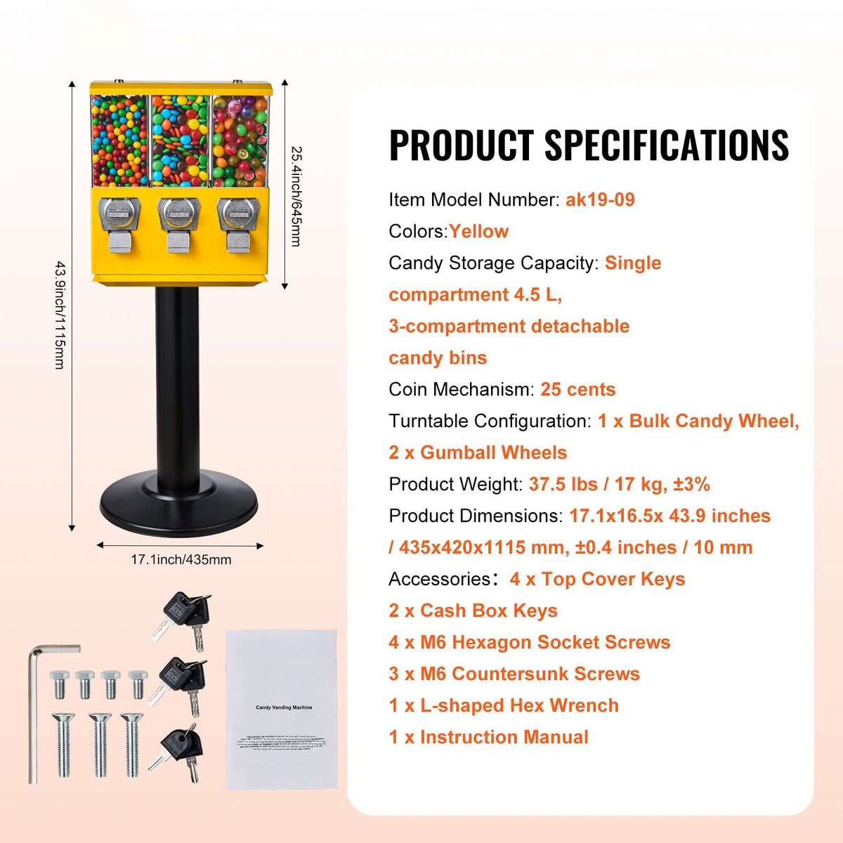 Commercial Vending Machine, Triple Compartment Candy Dispenser with Iron Stand, Gumball and Candy Machine for Business, Coin Operated Gumball Bank for Toy Capsules Bouncy Balls Candy Nut, Yellow