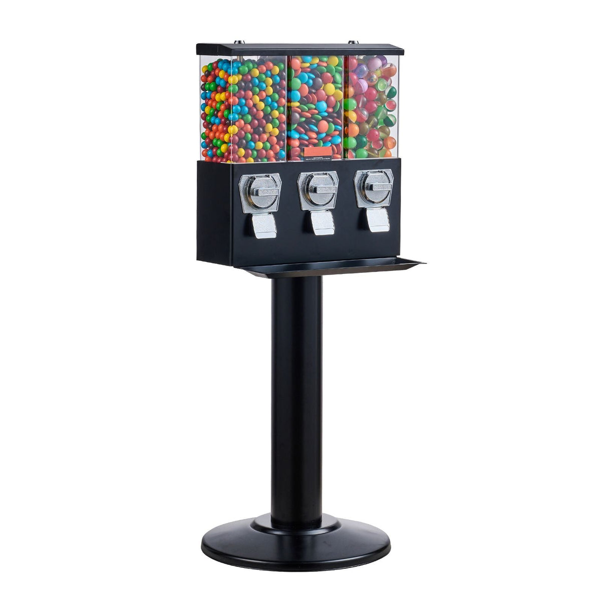 Commercial Vending Machine, Triple Compartment Candy Dispenser with Iron Stand, Gumball and Candy Machine for Business, Coin Operated Gumball Bank for Toy Capsules Bouncy Balls Candy Nut, Black