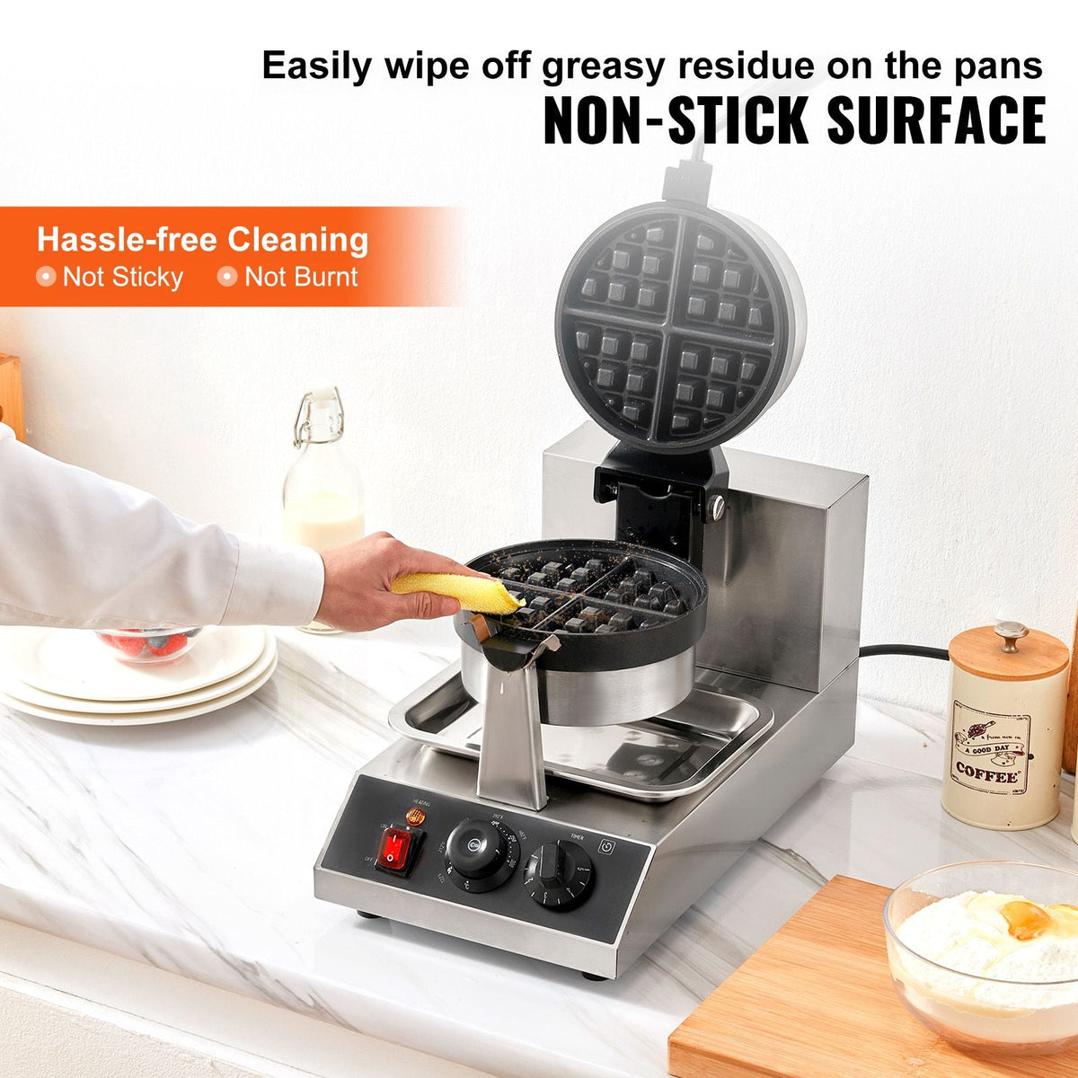 Commercial Waffle Maker, 1 Piece per Batch, 1300W Round Waffle Iron, Non-Stick Waffle Baker Machine with 122-572 F/ 50-300 C Temp Range Teflon-Coated Baking Pans Stainless Steel Body, 120V