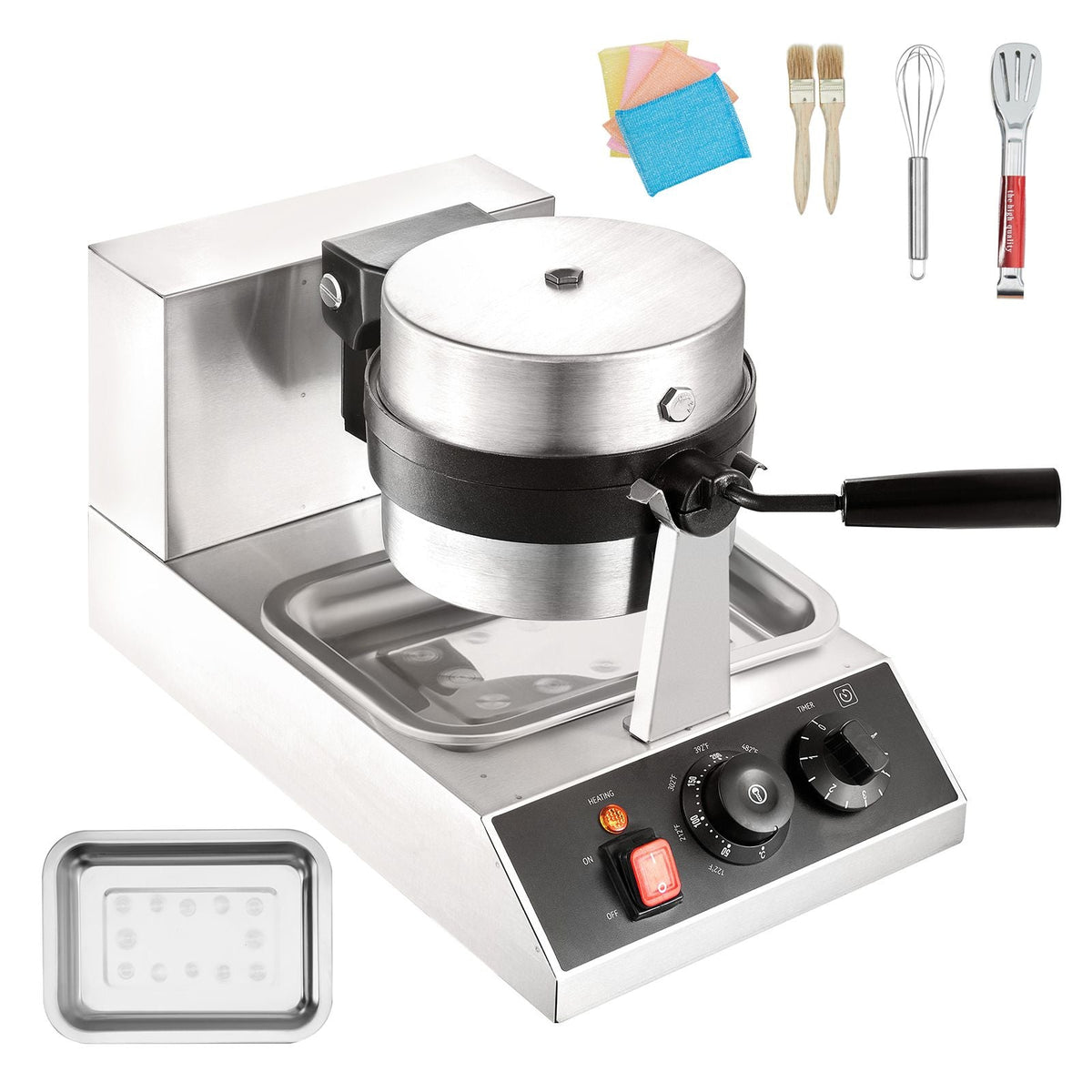 Commercial Waffle Maker, 1 Piece per Batch, 1300W Round Waffle Iron, Non-Stick Waffle Baker Machine with 122-572 F/ 50-300 C Temp Range Teflon-Coated Baking Pans Stainless Steel Body, 120V