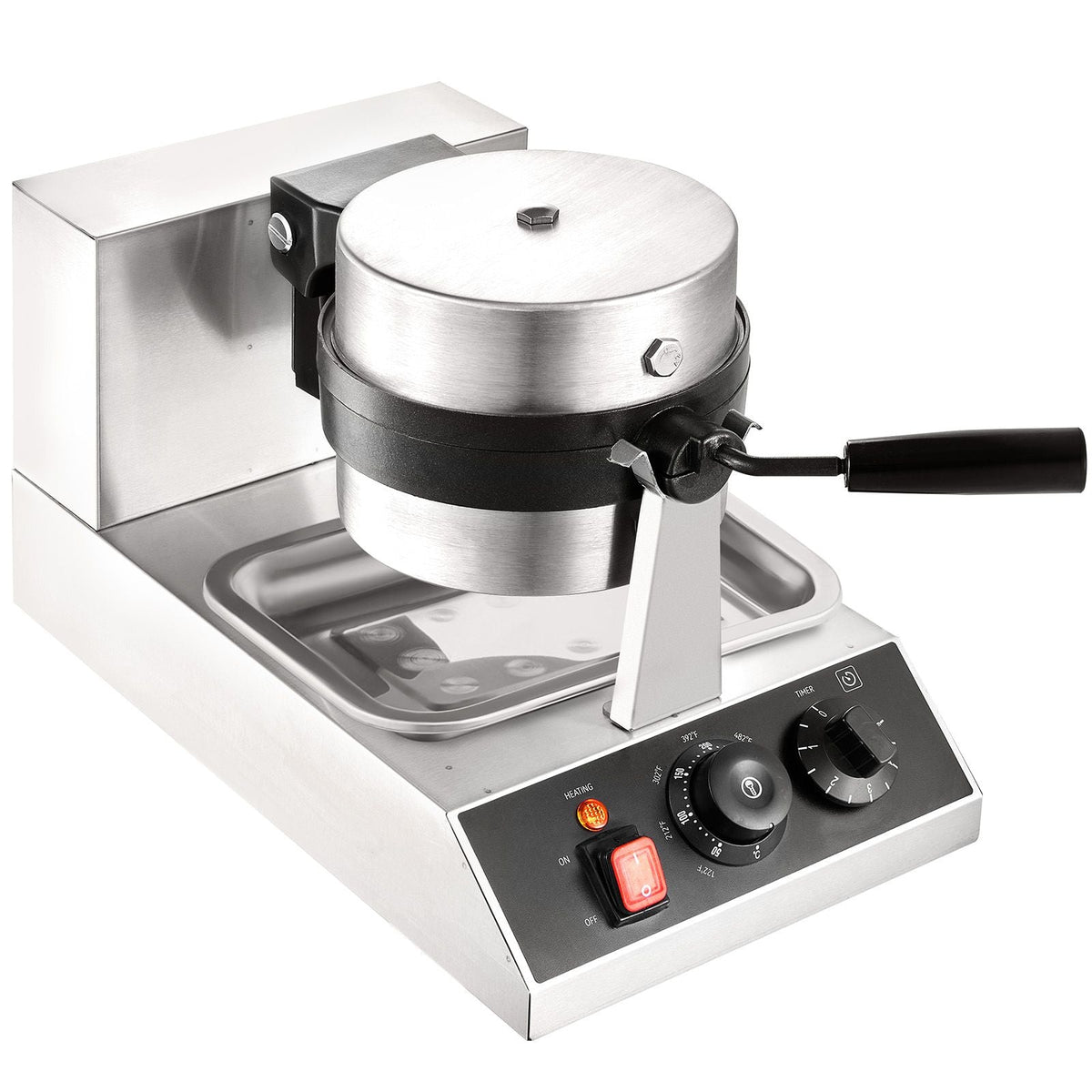 Commercial Waffle Maker, 1 Piece per Batch, 1300W Round Waffle Iron, Non-Stick Waffle Baker Machine with 122-572 F/ 50-300 C Temp Range Teflon-Coated Baking Pans Stainless Steel Body, 120V