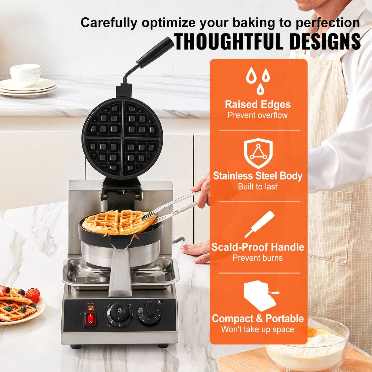 Commercial Waffle Maker, 1 Piece per Batch, 1300W Round Waffle Iron, Non-Stick Waffle Baker Machine with 122-572 F/ 50-300 C Temp Range Teflon-Coated Baking Pans Stainless Steel Body, 120V