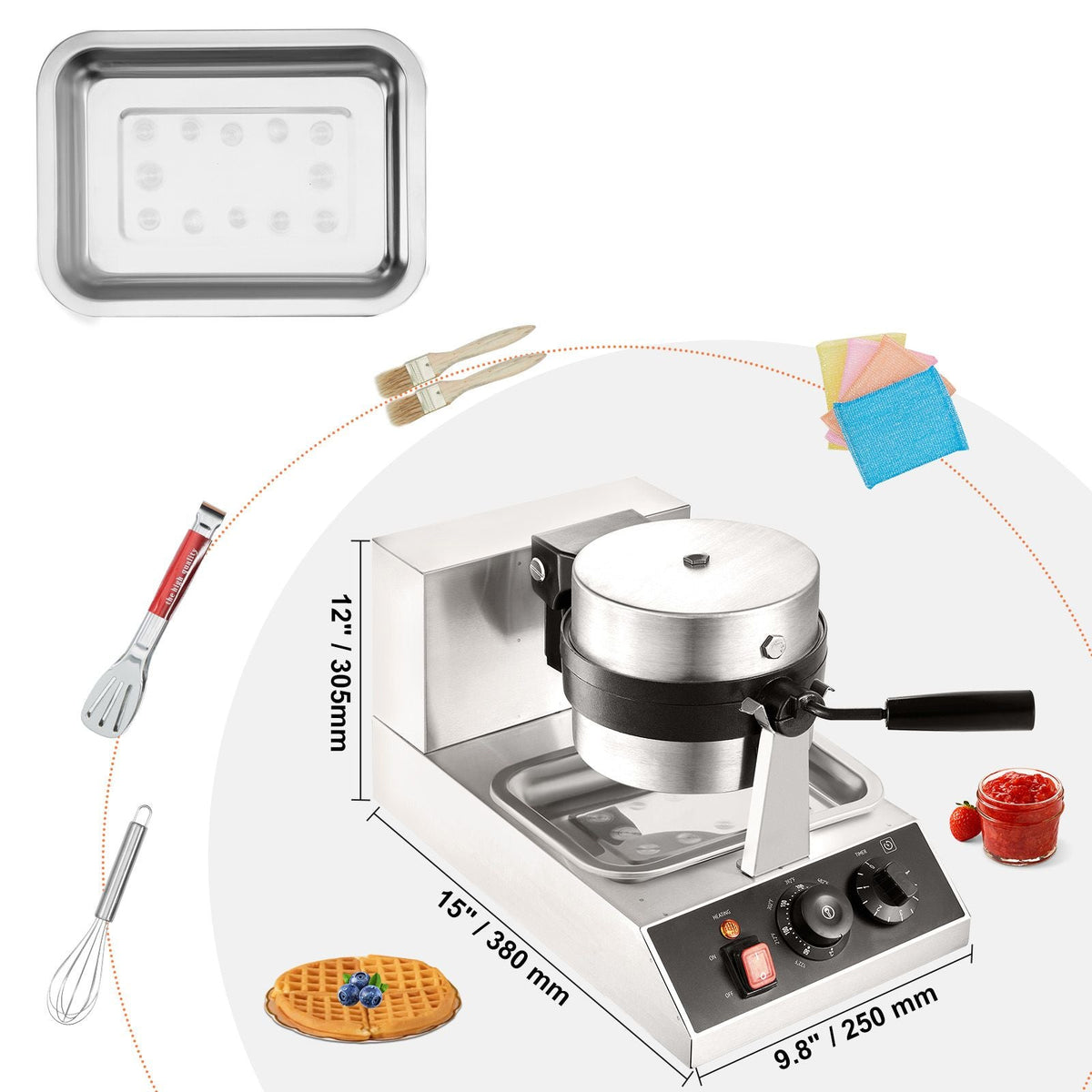 Commercial Waffle Maker, 1 Piece per Batch, 1300W Round Waffle Iron, Non-Stick Waffle Baker Machine with 122-572 F/ 50-300 C Temp Range Teflon-Coated Baking Pans Stainless Steel Body, 120V