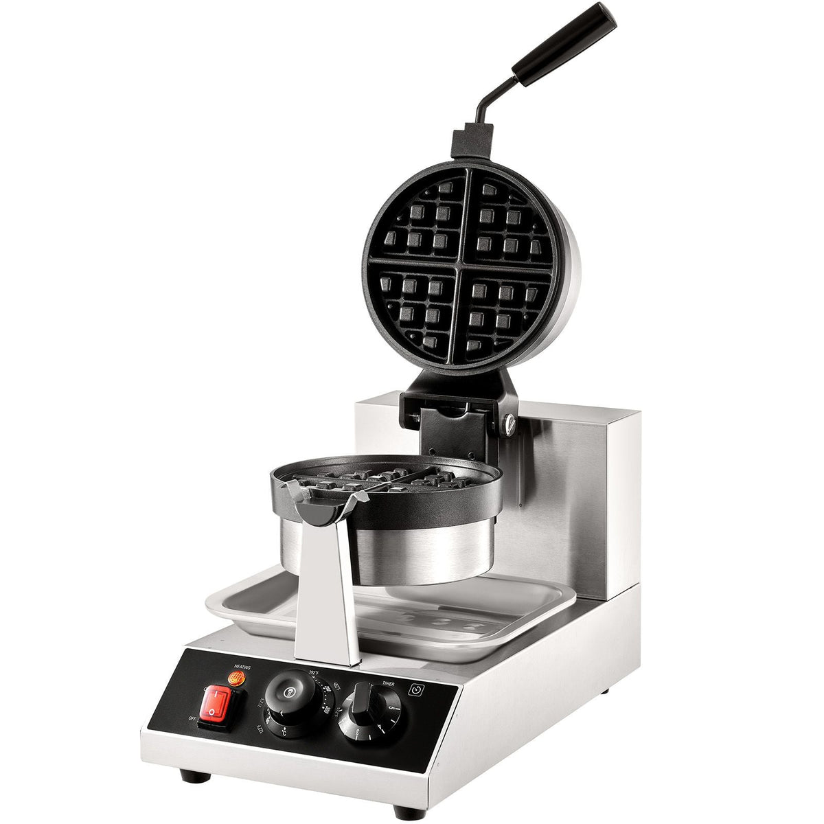 Commercial Waffle Maker, 1 Piece per Batch, 1300W Round Waffle Iron, Non-Stick Waffle Baker Machine with 122-572 F/ 50-300 C Temp Range Teflon-Coated Baking Pans Stainless Steel Body, 120V