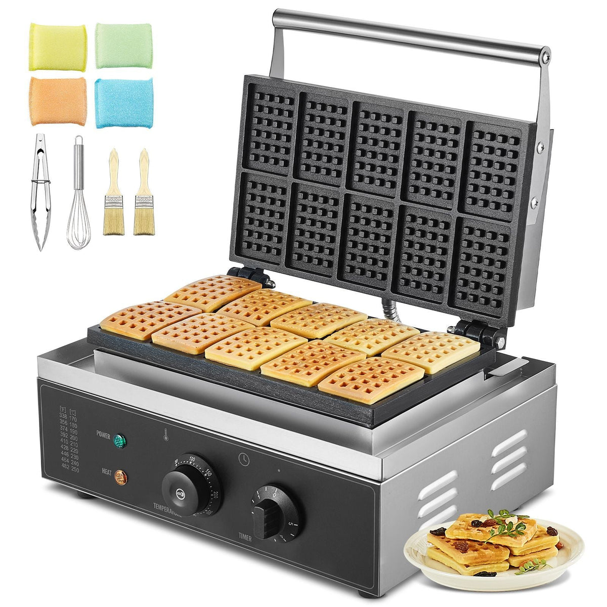 Commercial Waffle Maker, 10PCS Rectangle Waffle Baker Machine, 1550W Non-Stick Stainless Steel Belgian Waffle Iron with Temp and Time Control, Handle, for Restaurant Bakery Snack Bar Family