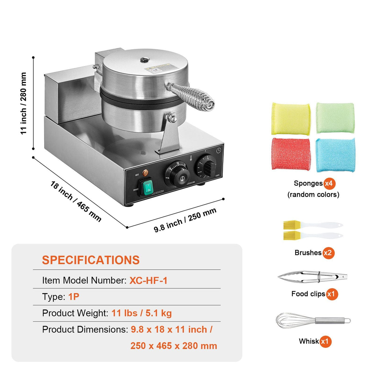Commercial Waffle Maker, 1230W Round Waffle Baker Machine, Non-Stick Stainless Steel Belgian Waffle Iron with Temperature and Time Control, Handle, for Restaurant Bakery Snack Bar Family