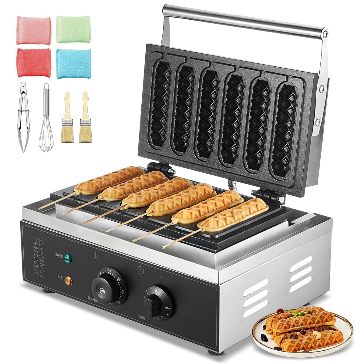 Commercial Waffle Stick Maker, 6PCS 1500W Waffle Baker Machine, Non-Stick Stainless Steel Corn Hot Dog Waffle Iron with Temp and Time Control, Handle, for Restaurant Bakery Snack Bar Family