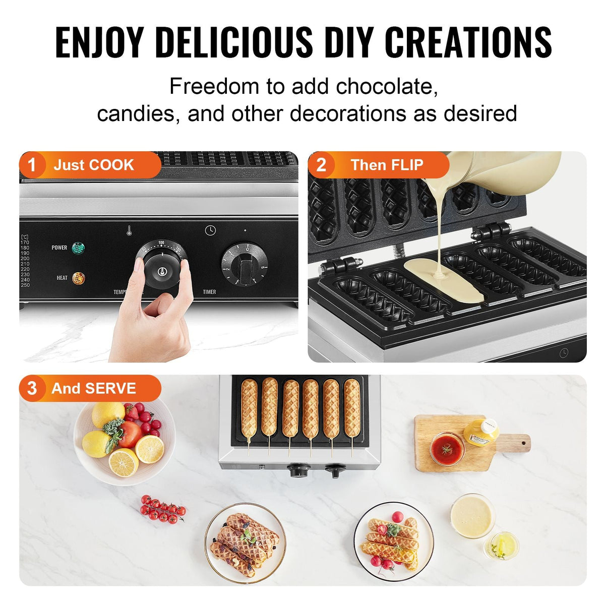Commercial Waffle Stick Maker, 6PCS 1500W Waffle Baker Machine, Non-Stick Stainless Steel Corn Hot Dog Waffle Iron with Temp and Time Control, Handle, for Restaurant Bakery Snack Bar Family