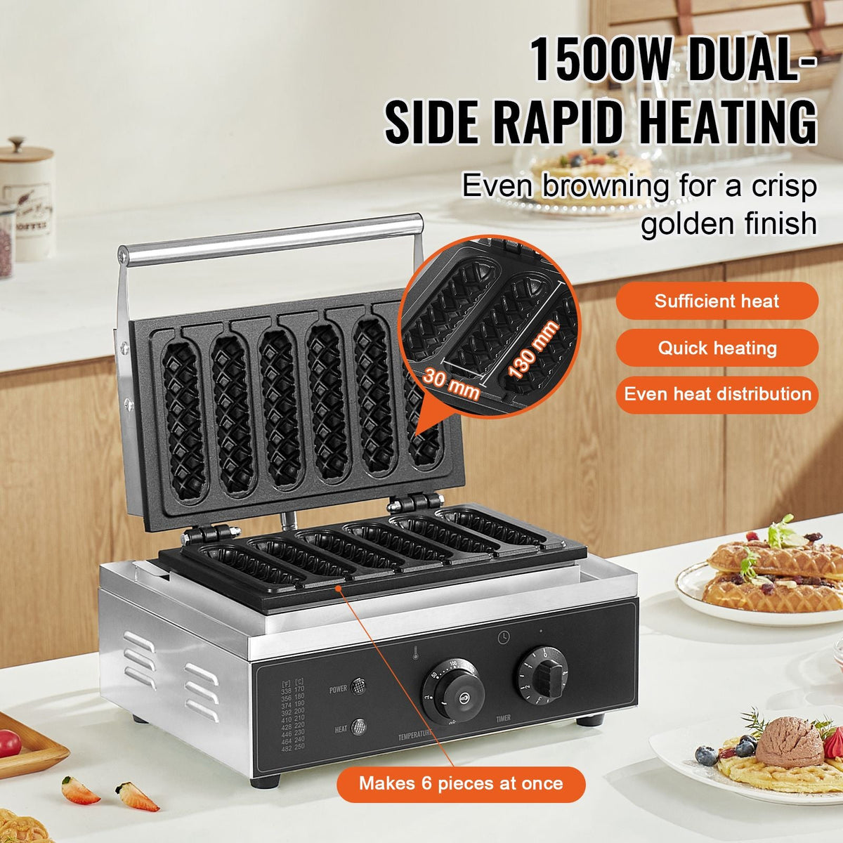 Commercial Waffle Stick Maker, 6PCS 1500W Waffle Baker Machine, Non-Stick Stainless Steel Corn Hot Dog Waffle Iron with Temp and Time Control, Handle, for Restaurant Bakery Snack Bar Family