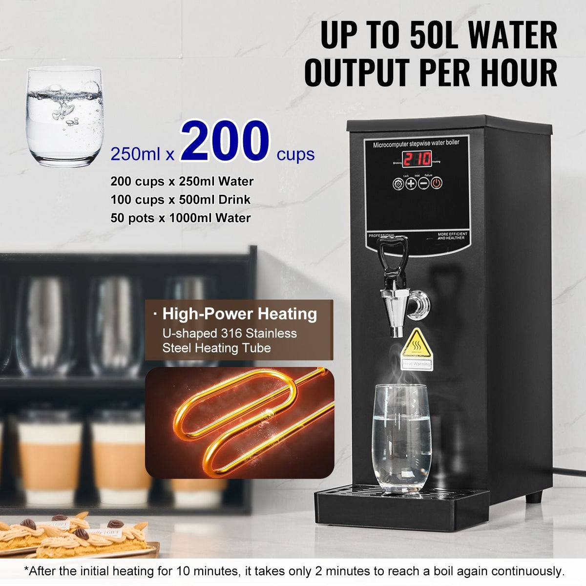 Commercial Water Boiler, Electric Hot Water Dispenser with 316 Stainless Steel Heating Tube, 1500W Step-by-step Fast Heating 50L per Hour Hot Water Boiler, for Coffee Tea Restaurant Office