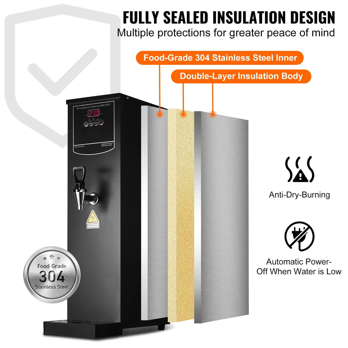 Commercial Water Boiler, Electric Hot Water Dispenser with 316 Stainless Steel Heating Tube, 1500W Step-by-step Fast Heating 50L per Hour Hot Water Boiler, for Coffee Tea Restaurant Office