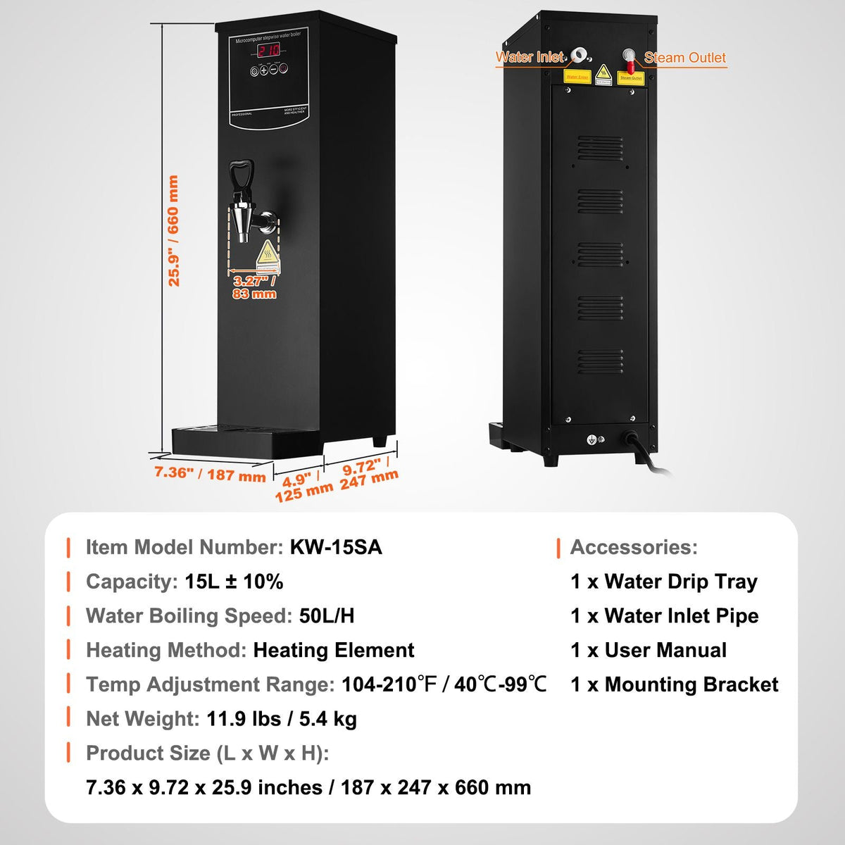 Commercial Water Boiler, Electric Hot Water Dispenser with 316 Stainless Steel Heating Tube, 1500W Step-by-step Fast Heating 50L per Hour Hot Water Boiler, for Coffee Tea Restaurant Office