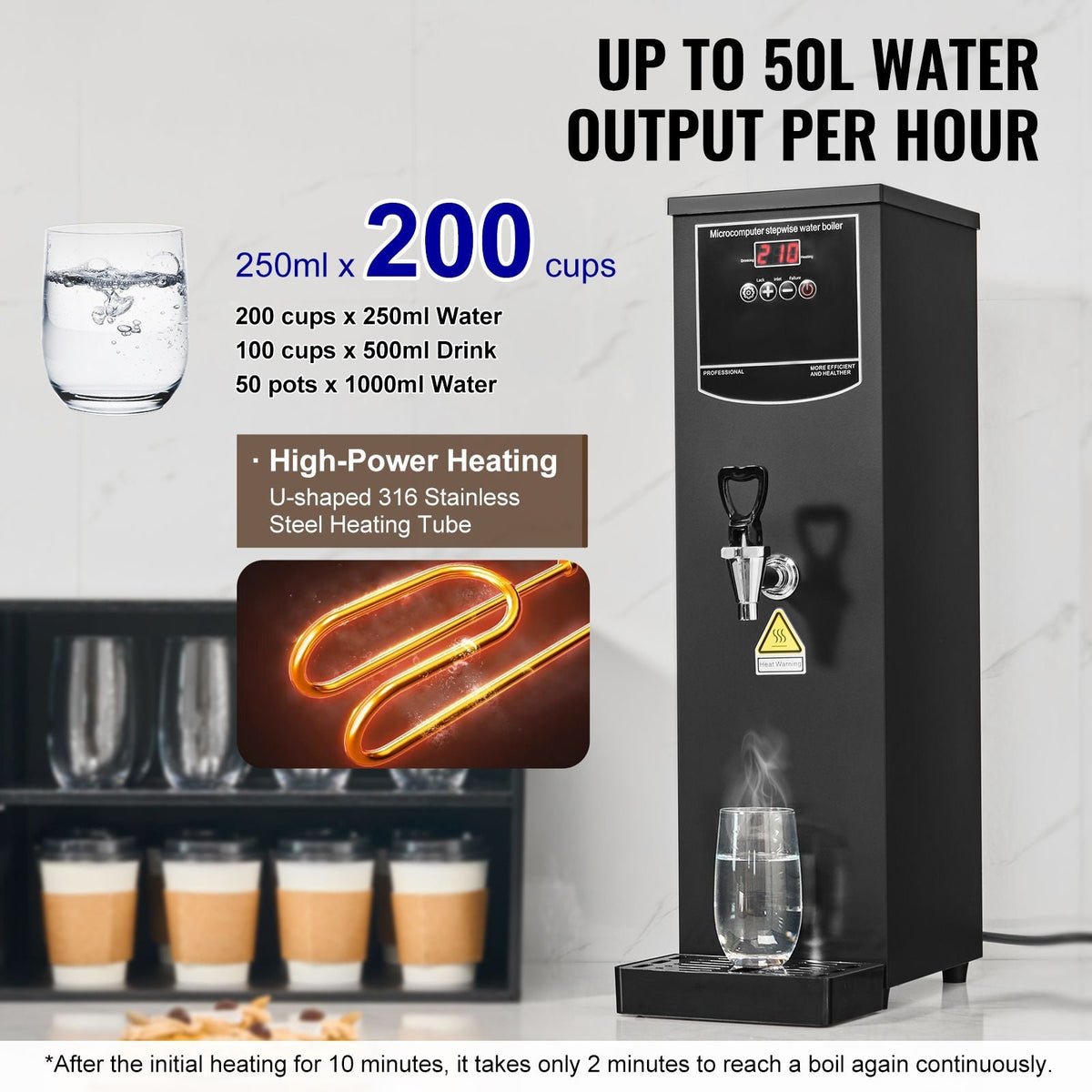 Commercial Water Boiler, Electric Hot Water Dispenser with 316 Stainless Steel Heating Tube, 1500W Step-by-step Fast Heating 50L per Hour Hot Water Boiler, for Coffee Tea Restaurant Office