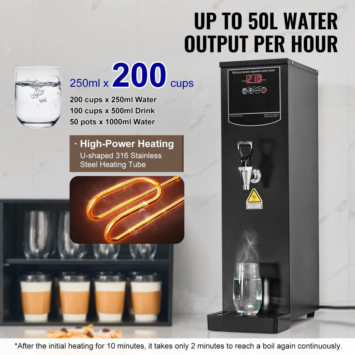 Commercial Water Boiler, Electric Hot Water Dispenser with 316 Stainless Steel Heating Tube, 1500W Step-by-step Fast Heating 50L per Hour Hot Water Boiler, for Coffee Tea Restaurant Office