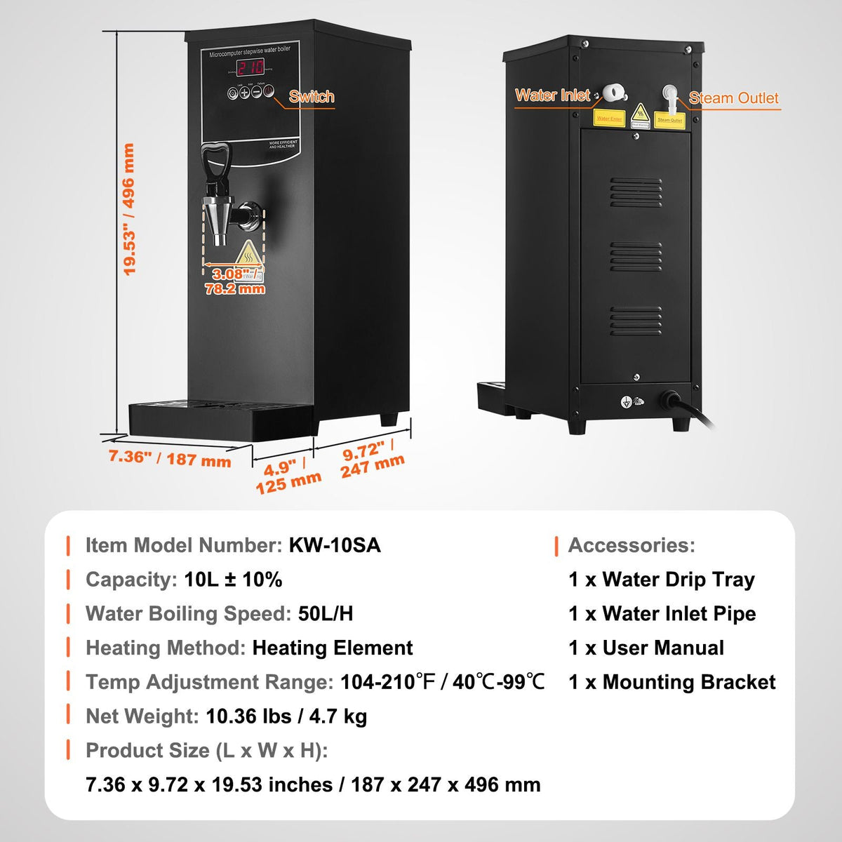 Commercial Water Boiler, Electric Hot Water Dispenser with 316 Stainless Steel Heating Tube, 1500W Step-by-step Fast Heating 50L per Hour Hot Water Boiler, for Coffee Tea Restaurant Office