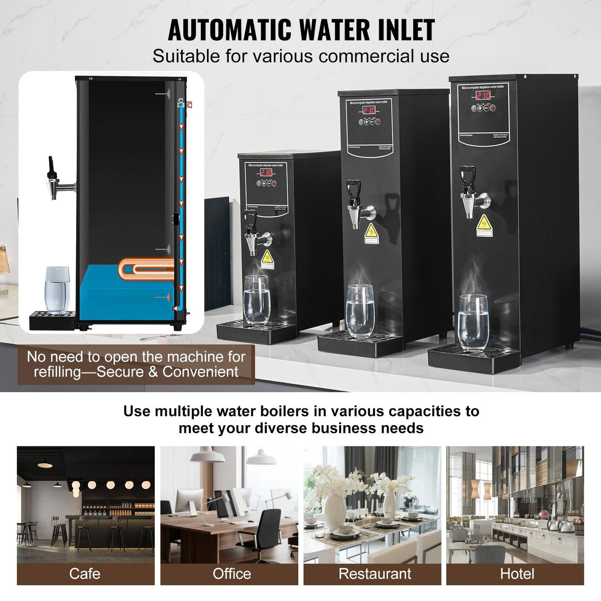 Commercial Water Boiler, Electric Hot Water Dispenser with 316 Stainless Steel Heating Tube, 1500W Step-by-step Fast Heating 50L per Hour Hot Water Boiler, for Coffee Tea Restaurant Office