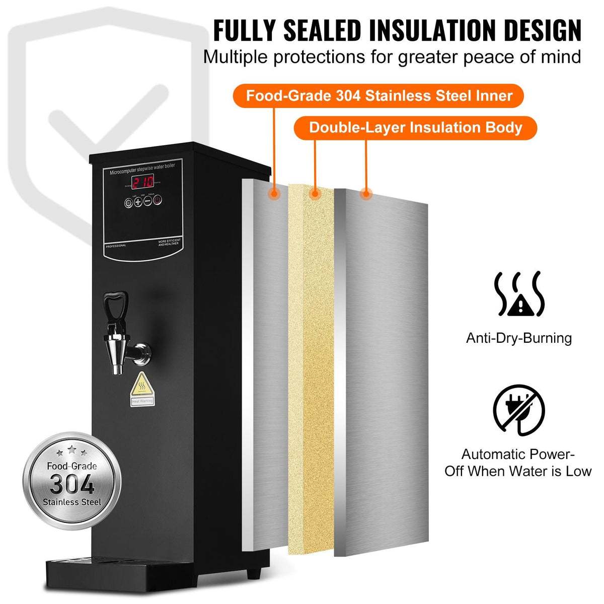 Commercial Water Boiler, Electric Hot Water Dispenser with 316 Stainless Steel Heating Tube, 1500W Step-by-step Fast Heating 50L per Hour Hot Water Boiler, for Coffee Tea Restaurant Office
