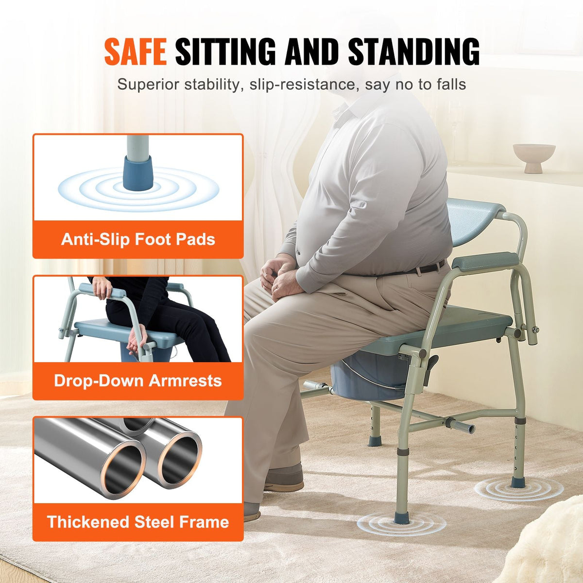 Commode Chair, Bedside Commode with Drop-Down Arms and Detachable Backrest, 5-Level Adjustable Height, 7L Removable Bucket, Easy to Assemble, 1000LBS Capacity, Portable Toilet for Adults Seniors