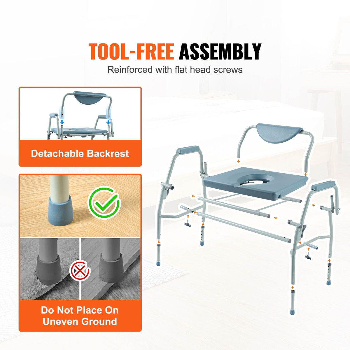 Commode Chair, Bedside Commode with Drop-Down Arms and Detachable Backrest, 5-Level Adjustable Height, 7L Removable Bucket, Easy to Assemble, 1000LBS Capacity, Portable Toilet for Adults Seniors