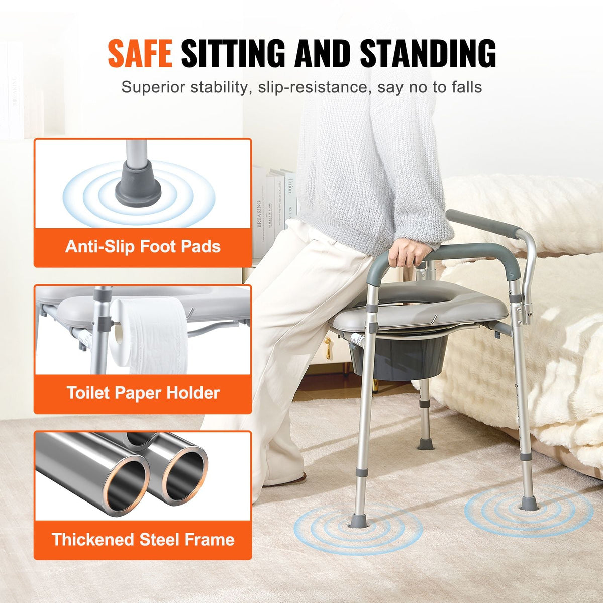 Commode Chair, Bedside Commode with Padded Seat and Arms, 7-Level Adjustable Height, 5.8L Removable Bucket, Easy to Assemble, 350 LBS Capacity, Raised Toilet Seat for Adults Seniors