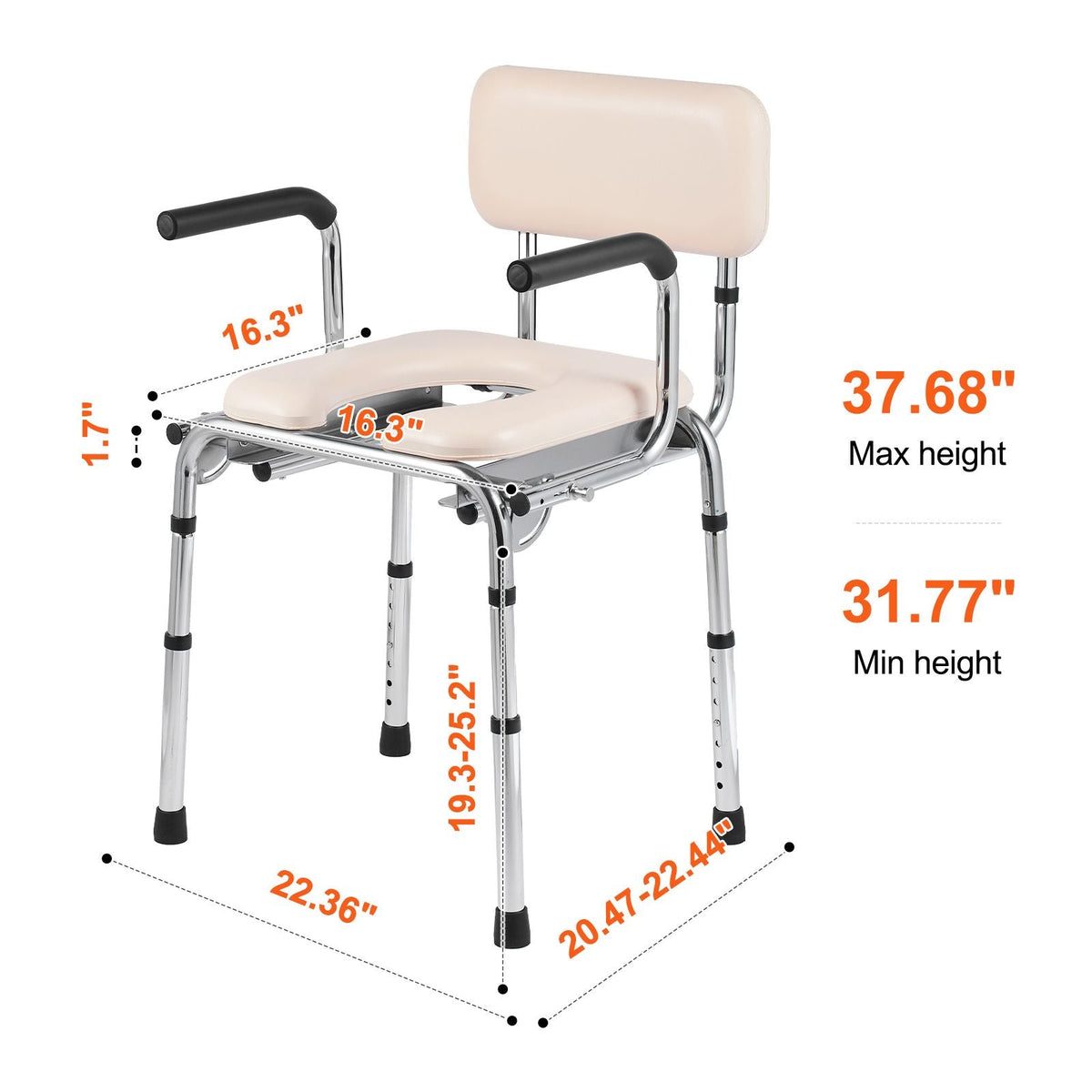 Commode Chair, Bedside Commode with Padded Seat, Drop-Down Arms, 7-Level Adjustable Height, 5.8L Removable Bucket, Easy to Assemble, 350LBS Capacity, Portable Toilet for Adults Seniors