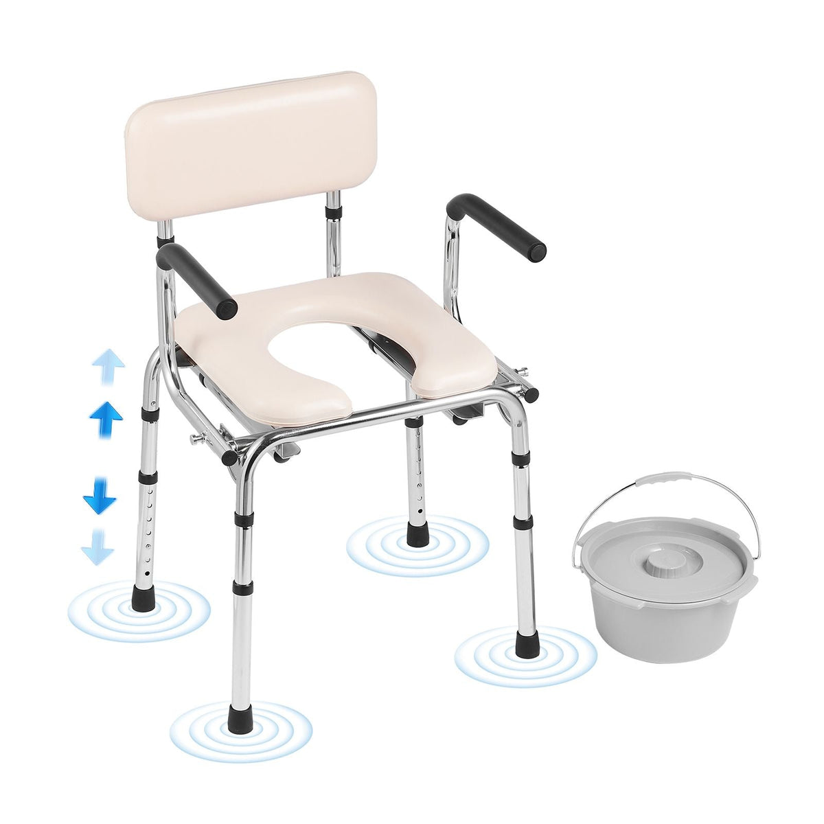 Commode Chair, Bedside Commode with Padded Seat, Drop-Down Arms, 7-Level Adjustable Height, 5.8L Removable Bucket, Easy to Assemble, 350LBS Capacity, Portable Toilet for Adults Seniors