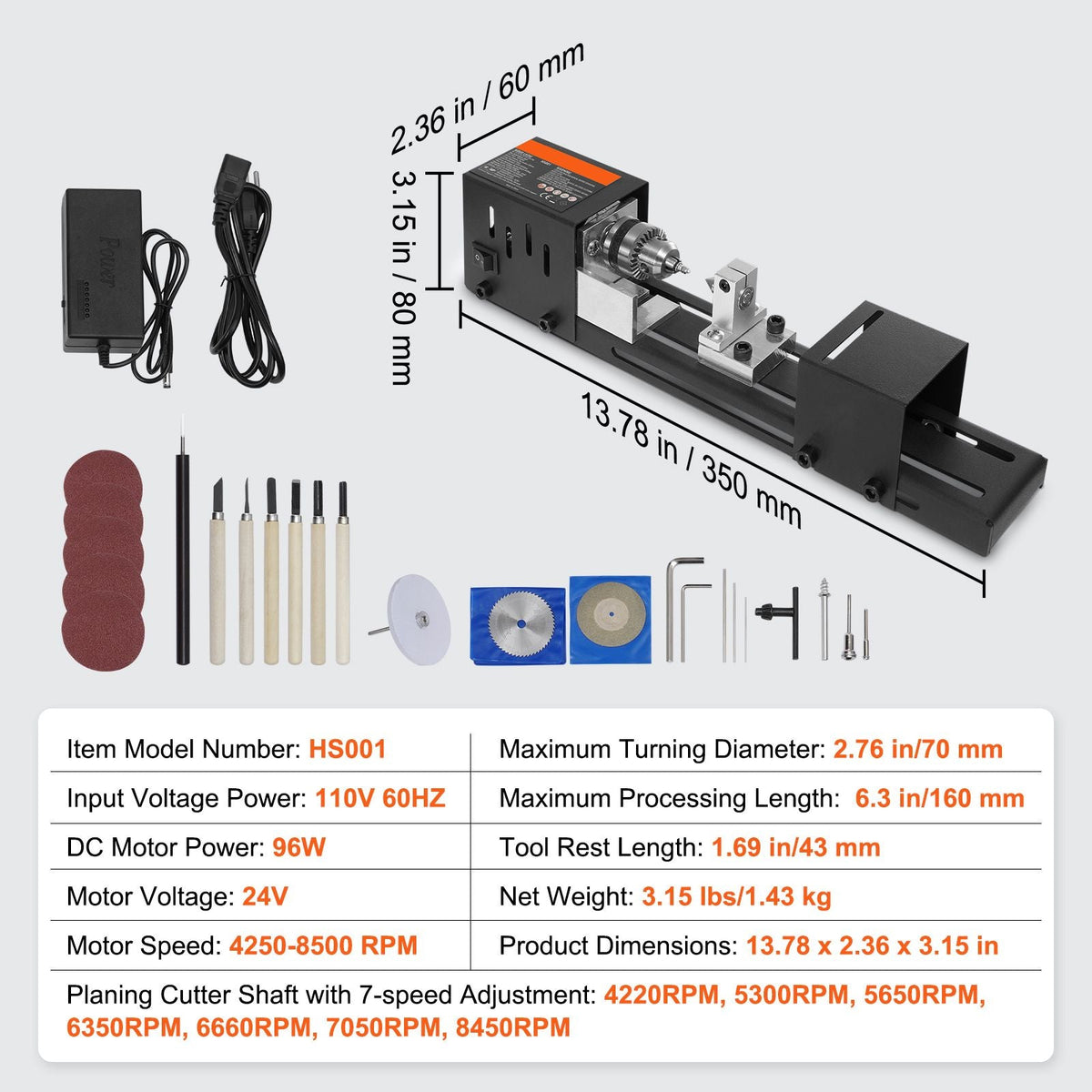Compact Lathe Machine, Dimensions 2.76 x 6.3 inches, 24VDC 96W, Includes Milling Machine Accessories, Features 7 Adjustable Speeds Ranging from 4220 to 8450 RPM, Ideal for DIY Woodworking and