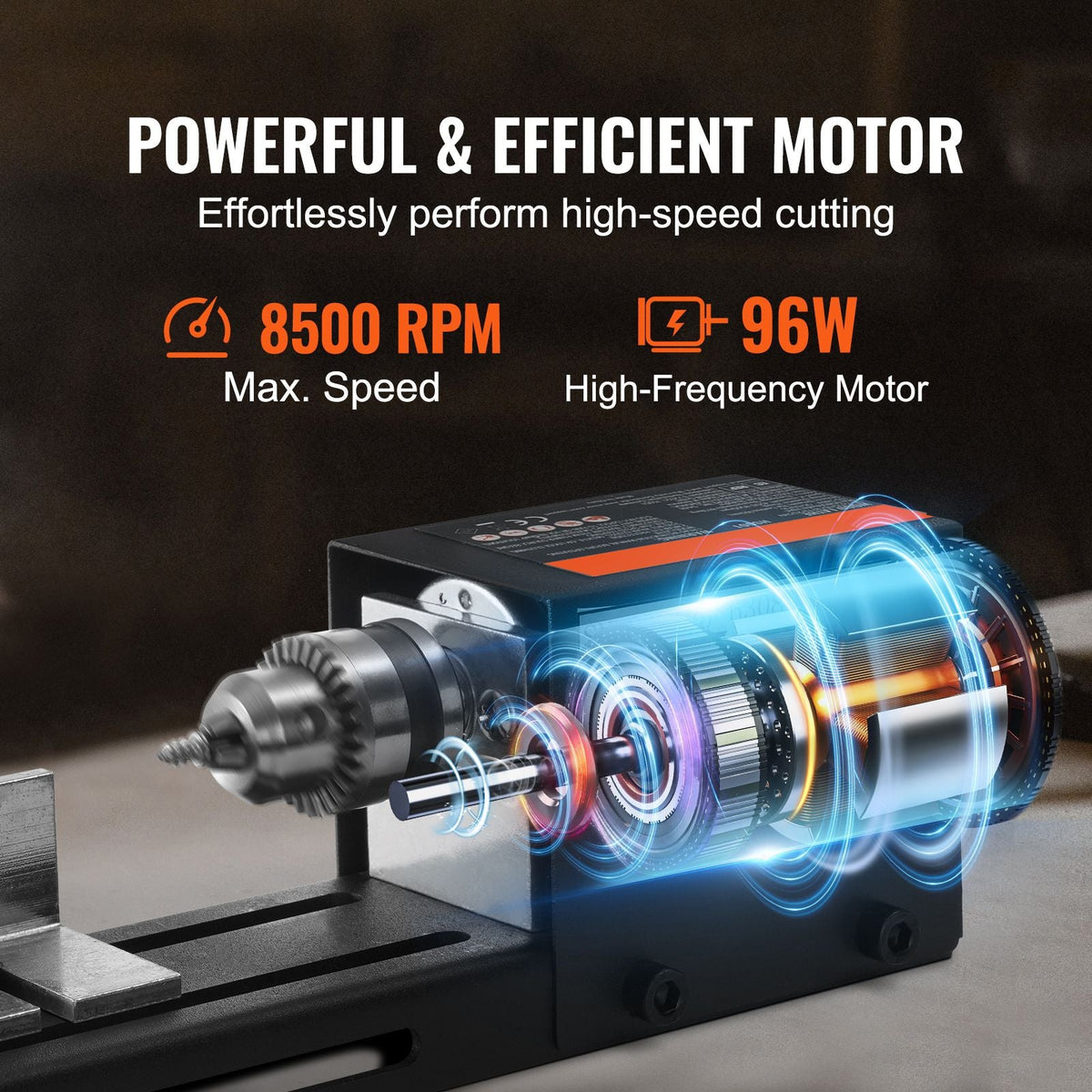 Compact Lathe Machine, Dimensions 2.76 x 6.3 inches, 24VDC 96W, Includes Milling Machine Accessories, Features 7 Adjustable Speeds Ranging from 4220 to 8450 RPM, Ideal for DIY Woodworking and