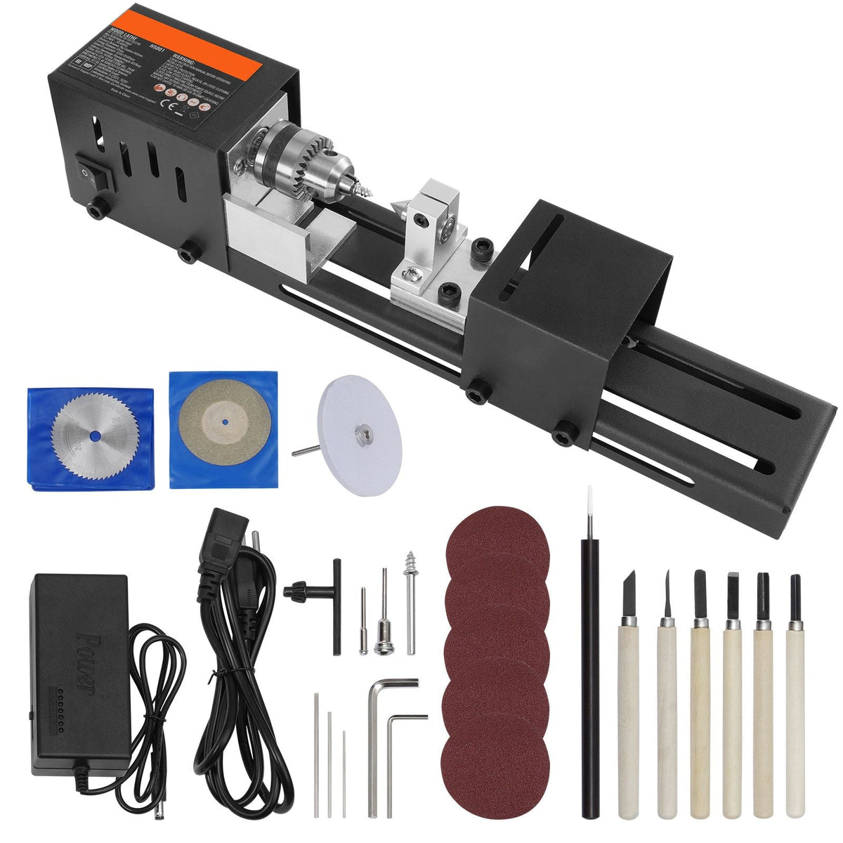 Compact Lathe Machine, Dimensions 2.76 x 6.3 inches, 24VDC 96W, Includes Milling Machine Accessories, Features 7 Adjustable Speeds Ranging from 4220 to 8450 RPM, Ideal for DIY Woodworking and