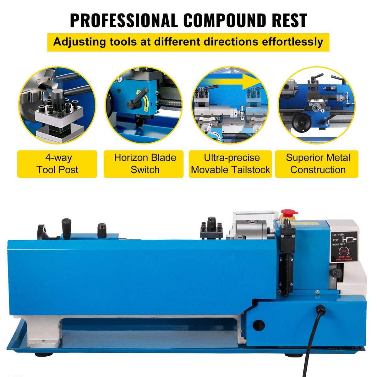 Compact Metal Lathe 7" x 14", Adjustable Speed 0-2500 RPM, Equipped with 4" 3-jaw Chuck, Ideal for Metalworking, Benchtop Design for Metal Turning Projects