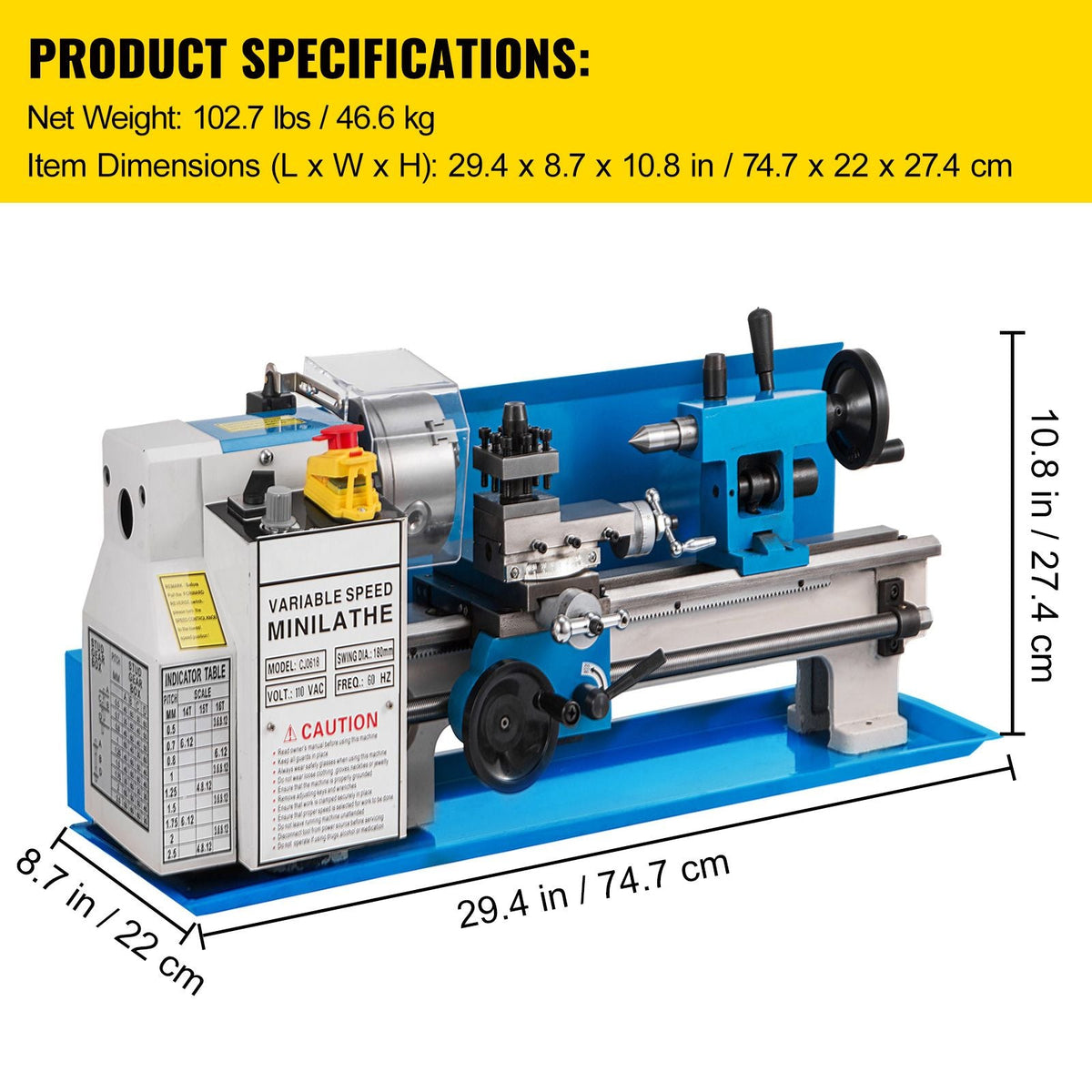 Compact Metal Lathe 7" x 14", Adjustable Speed 0-2500 RPM, Equipped with 4" 3-jaw Chuck, Ideal for Metalworking, Benchtop Design for Metal Turning Projects