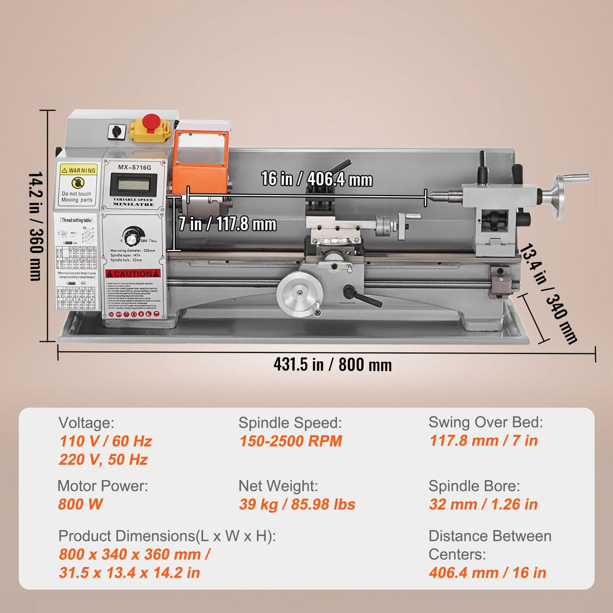 Compact Metal Lathe, 7'' x 16'', 800W, Precision Desktop Metalworking Lathe, Variable Speed 150-2500 RPM, Includes 3.9'' 3-jaw Chuck & Tool Box for Detailed Part Crafting