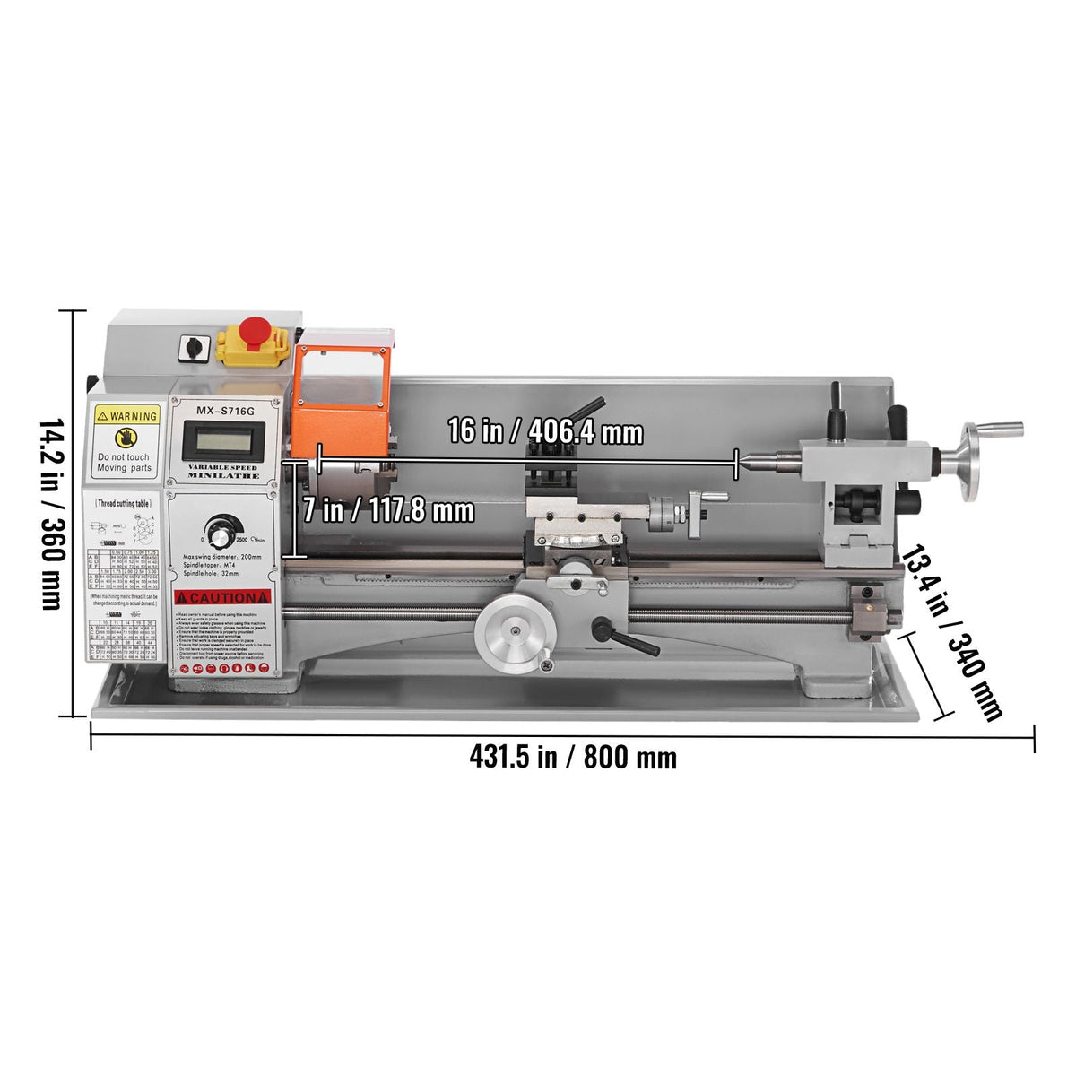 Compact Metal Lathe, 7'' x 16'', 800W, Precision Desktop Metalworking Lathe, Variable Speed 150-2500 RPM, Includes 3.9'' 3-jaw Chuck & Tool Box for Detailed Part Crafting